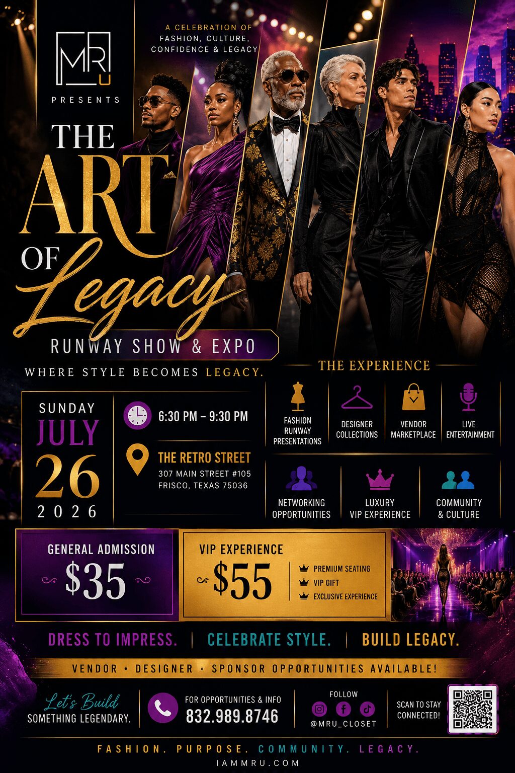 Group of five people dressed in formal attire at an event, with city skyline background, event details below.