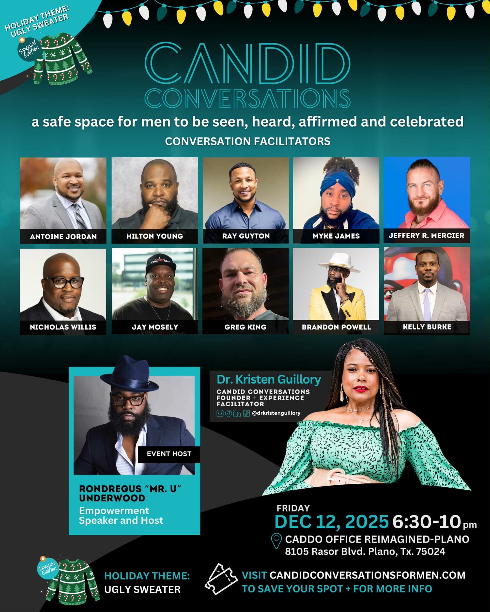 Event poster titled 'Candid Conversations' with photos of speakers and hosts, including Dr. Kristen Guillory, event date December 12, 2025, and location details.