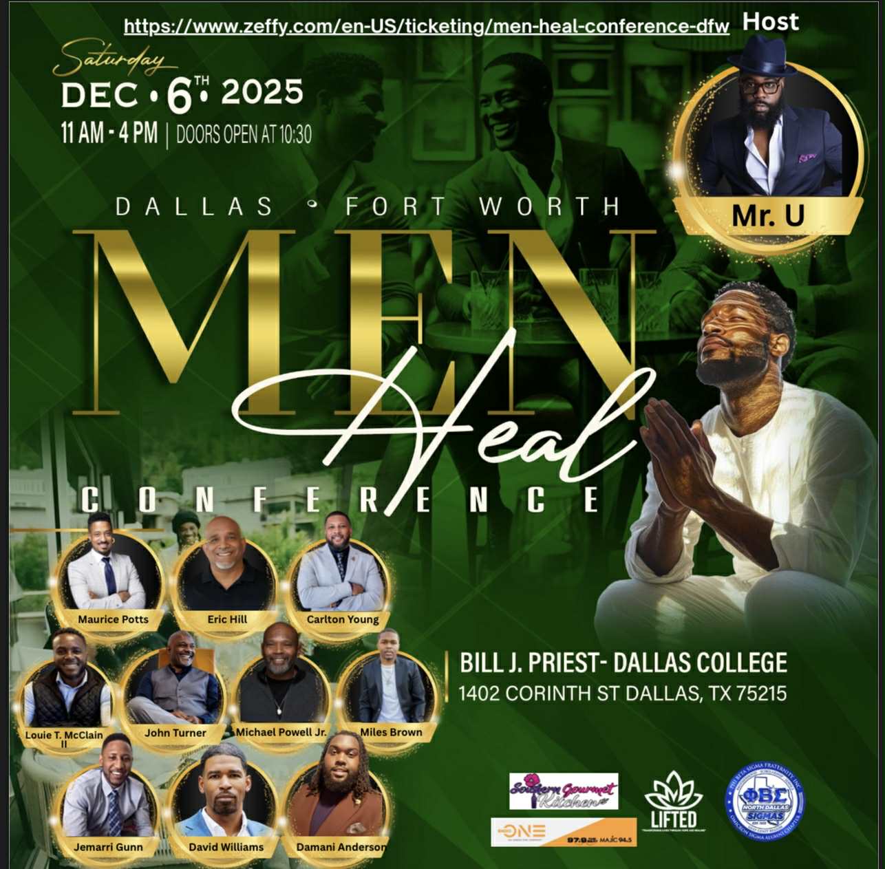Conference poster for Men Heal event on December 6, 2025, featuring speakers and location details in Dallas, Texas.