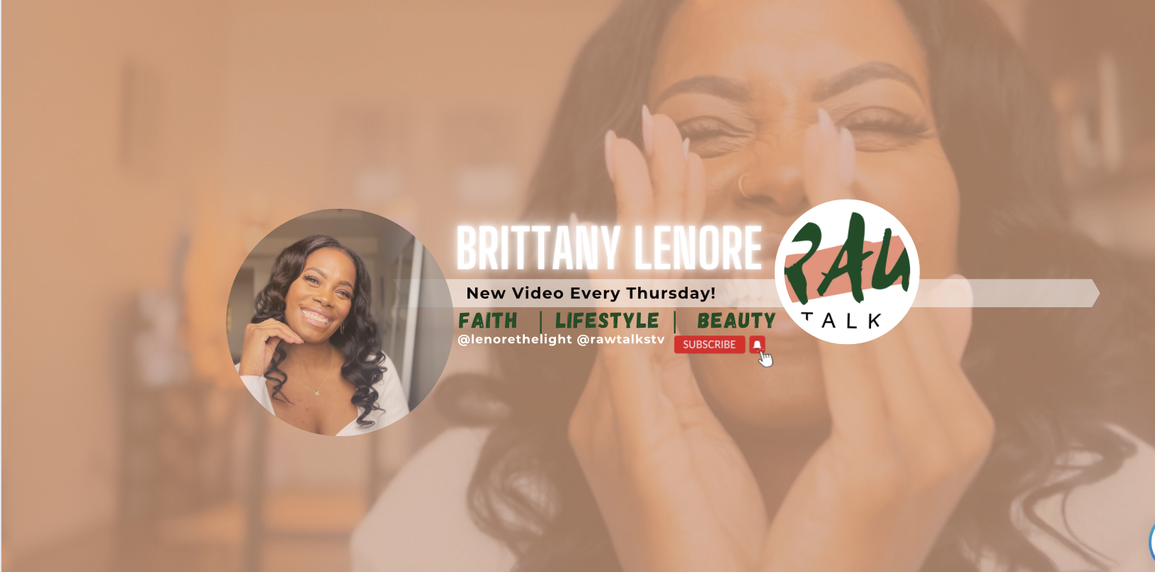Thumbnail of a woman smiling, with text about Brittany Lenore and a talk show, including tags like faith, lifestyle, beauty.