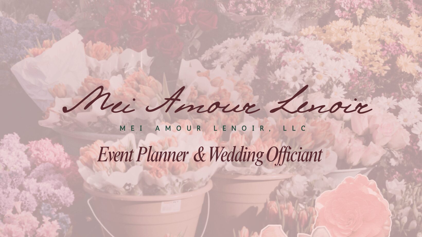 Business card for Mei Amour Lenoir, event planner and wedding officiant, with floral background.