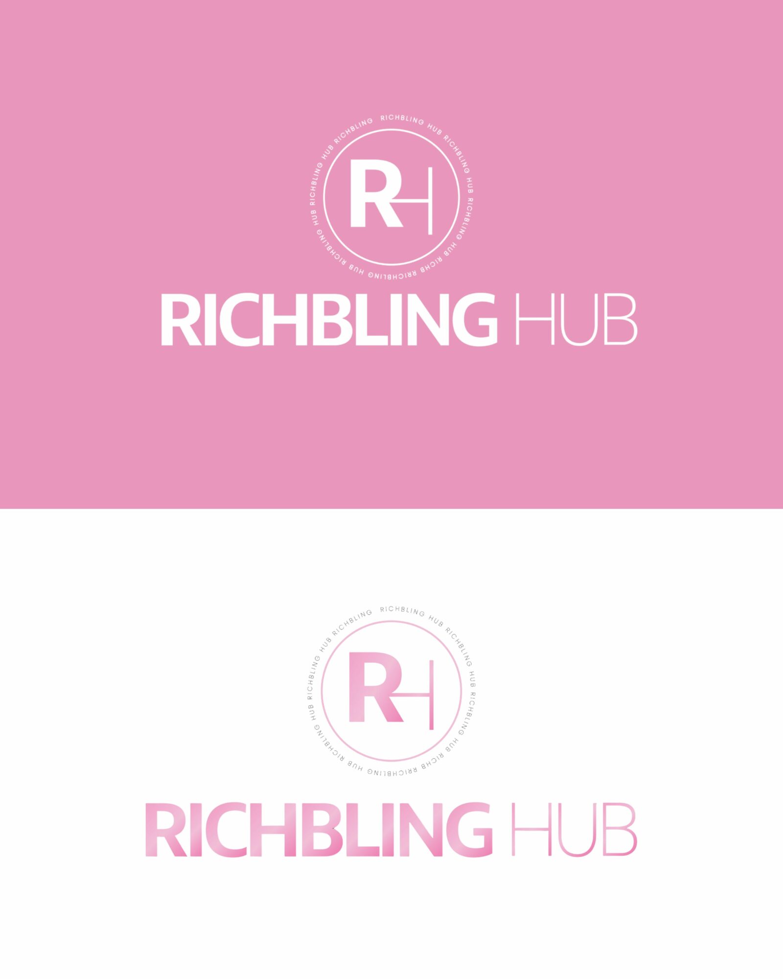 Logo with pink and white background, text reads 'RICHBLING HUB' with circular emblem containing 'RH'.