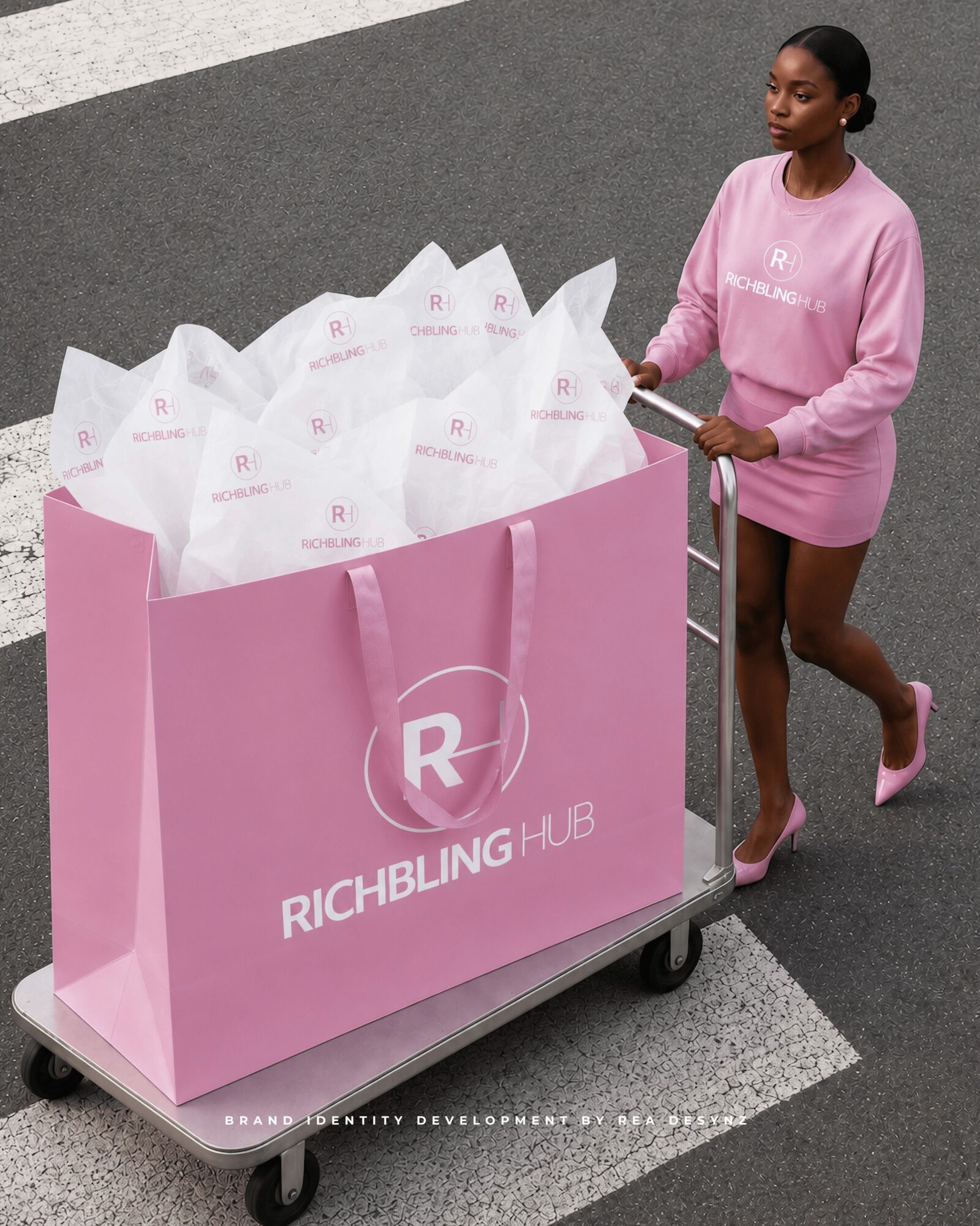 Woman in pink dress pushes a large pink cart with white bags on a street, RICHBLING HUB logo visible on the cart.