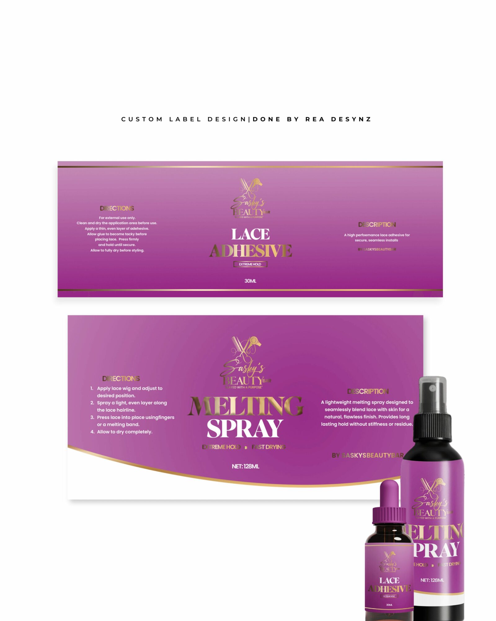 Two purple boxes labeled 'Lace Adhesive' and 'Melting Spray' with spray bottles in front, on a white background.