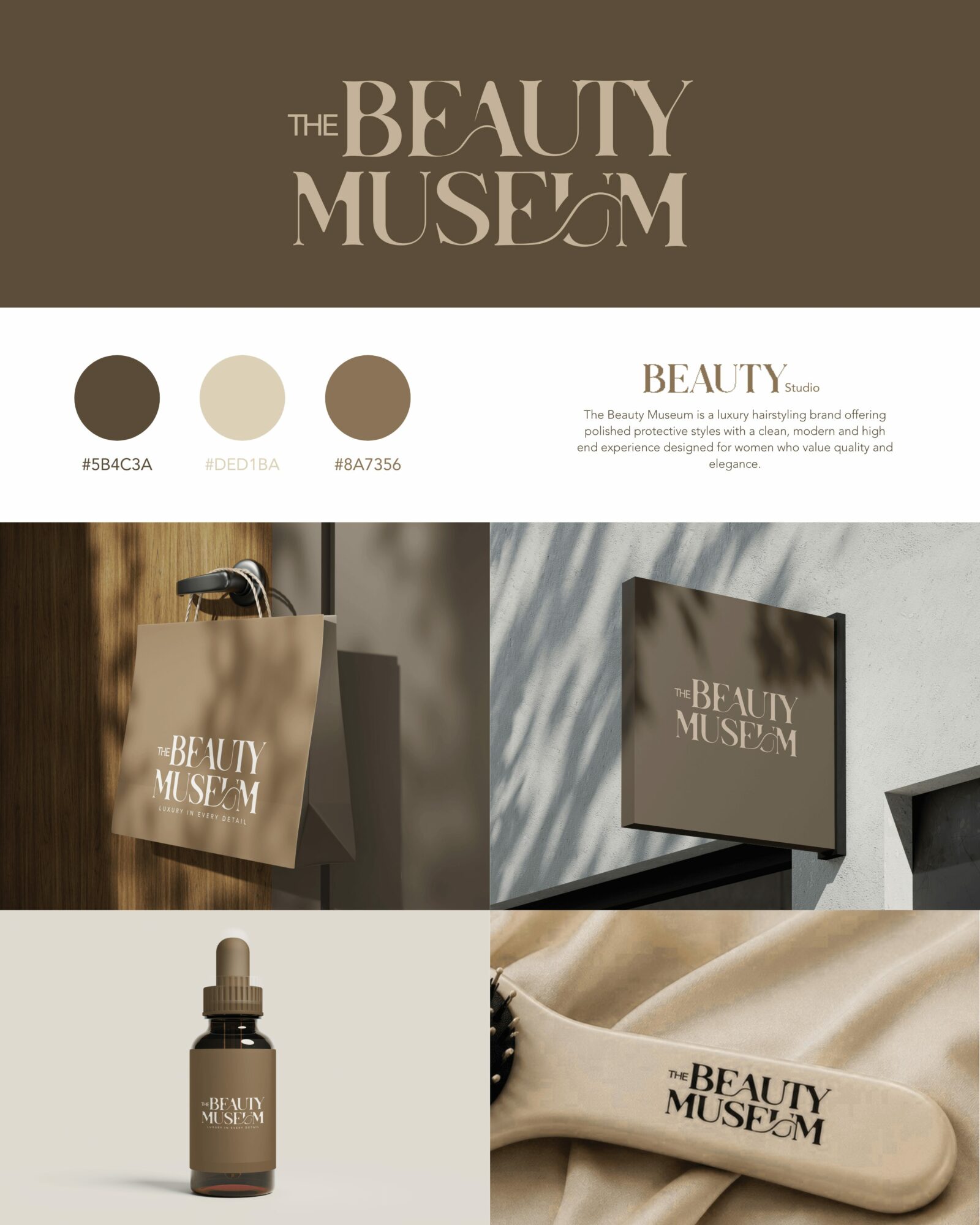 Brown shopping bag with 'Beauty Museum' logo, store sign, dropper bottle, and beige fabric with logo, all related to beauty products.