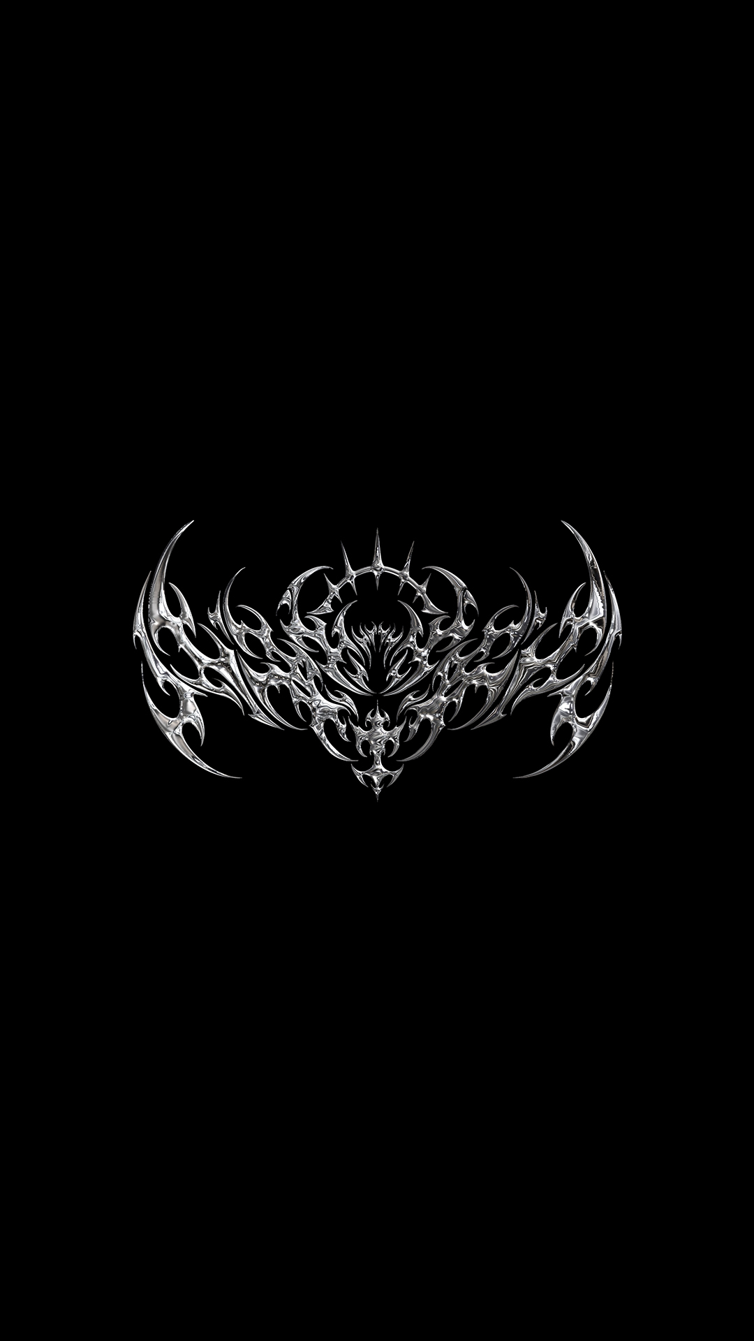 Intricate symmetrical design resembling a face or mask with sharp, flame-like patterns, on a black background.