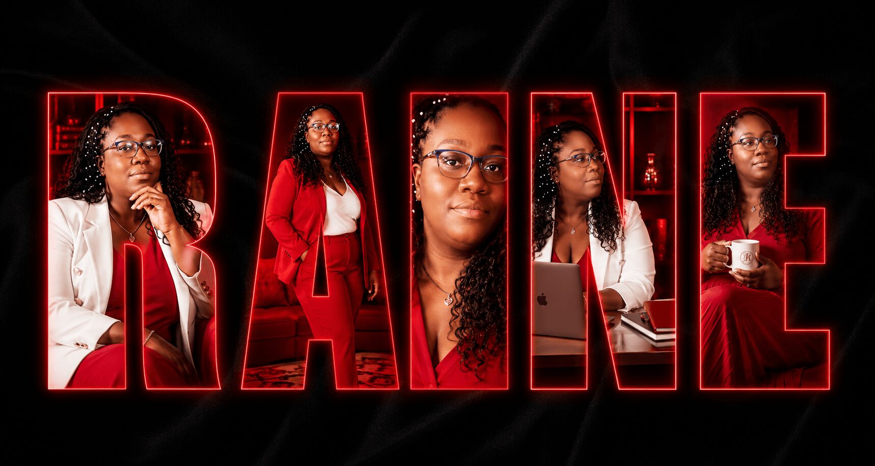 Five images of a woman with glasses and curly hair, spelling out the word 'DANCE' in red outlined letters, holding a cup and a laptop.
