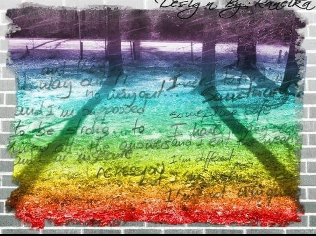 Colorful graffiti wall with handwritten text and rainbow background, partially obscured by scribbles and paint streaks.
