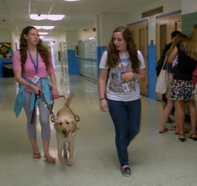 Two girls walk in a school hallway with a dog on a leash, other students in the background, bright lighting.
