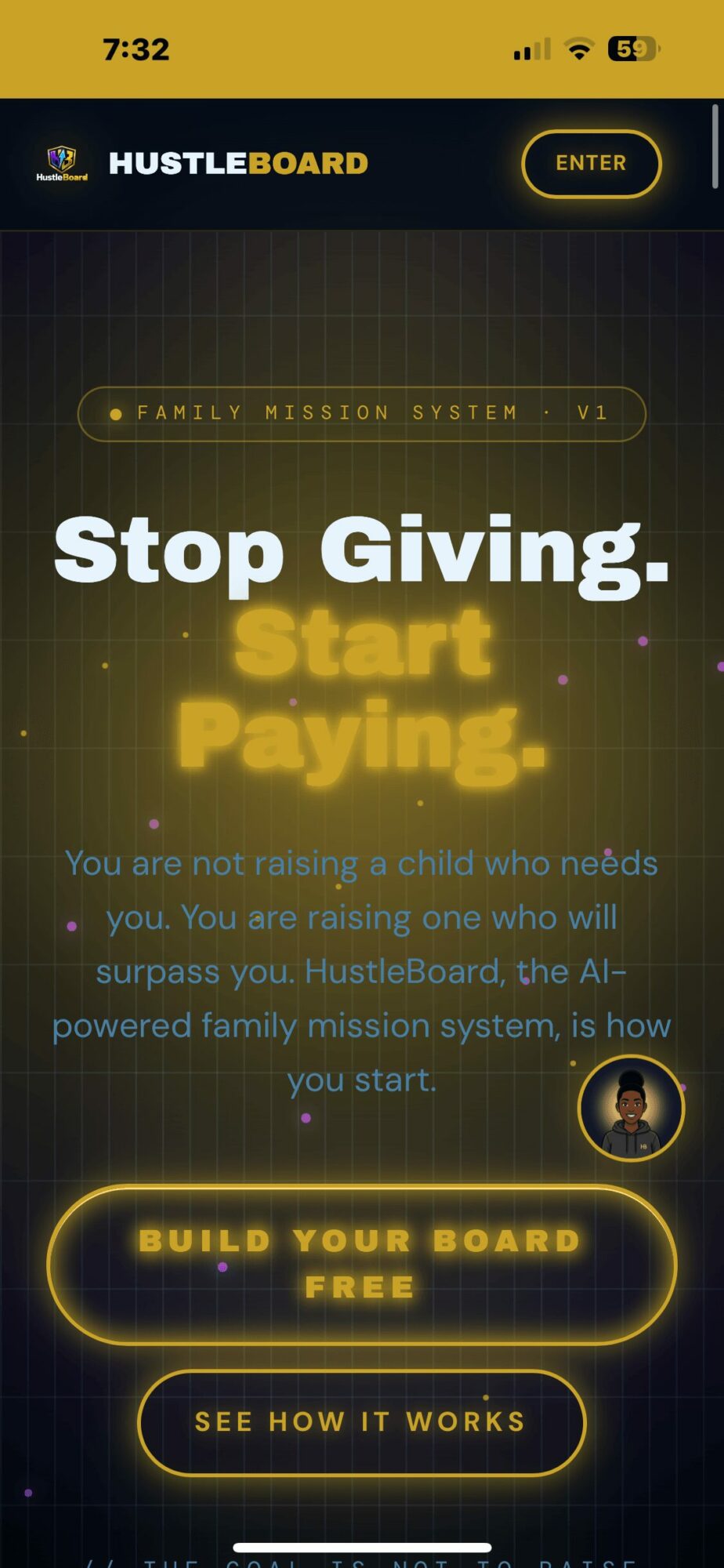 Mobile screen displaying a family mission system app with a yellow and black theme, buttons for building and viewing the board, and a profile icon.