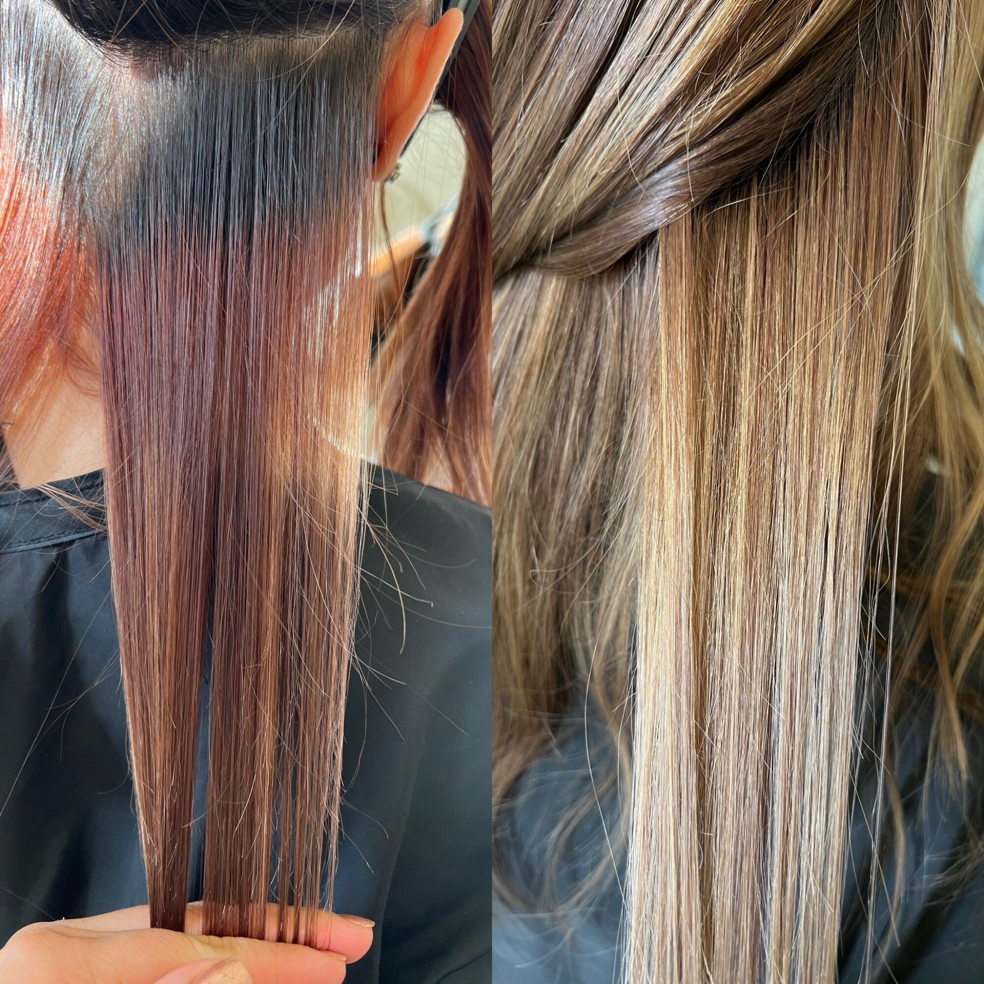 Close-up of two people with long, straight, blonde hair, one with darker roots, in a salon setting.