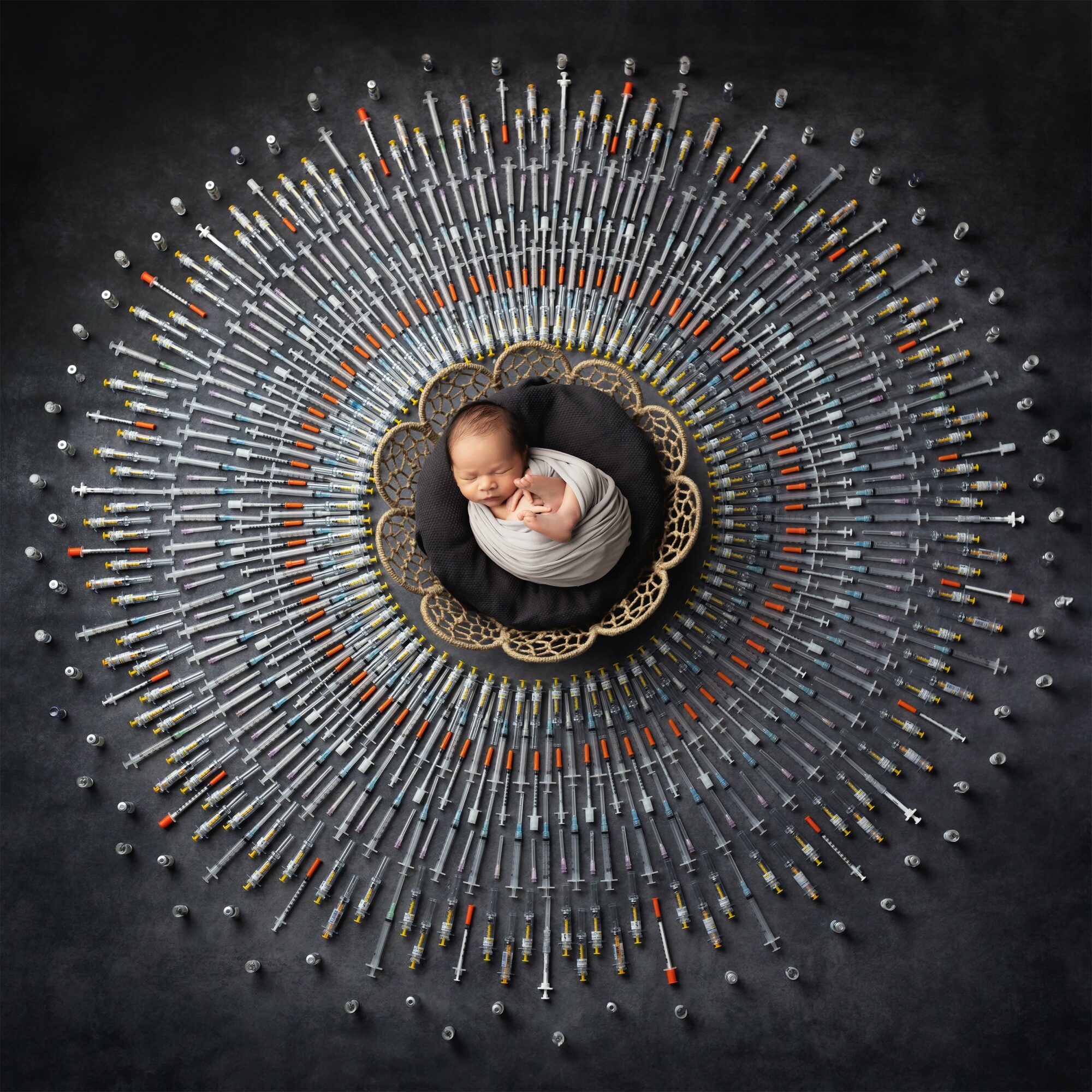 Baby wrapped in a blanket, lying on a decorative round cushion, surrounded by colorful matches arranged in a circular pattern, on a dark background.