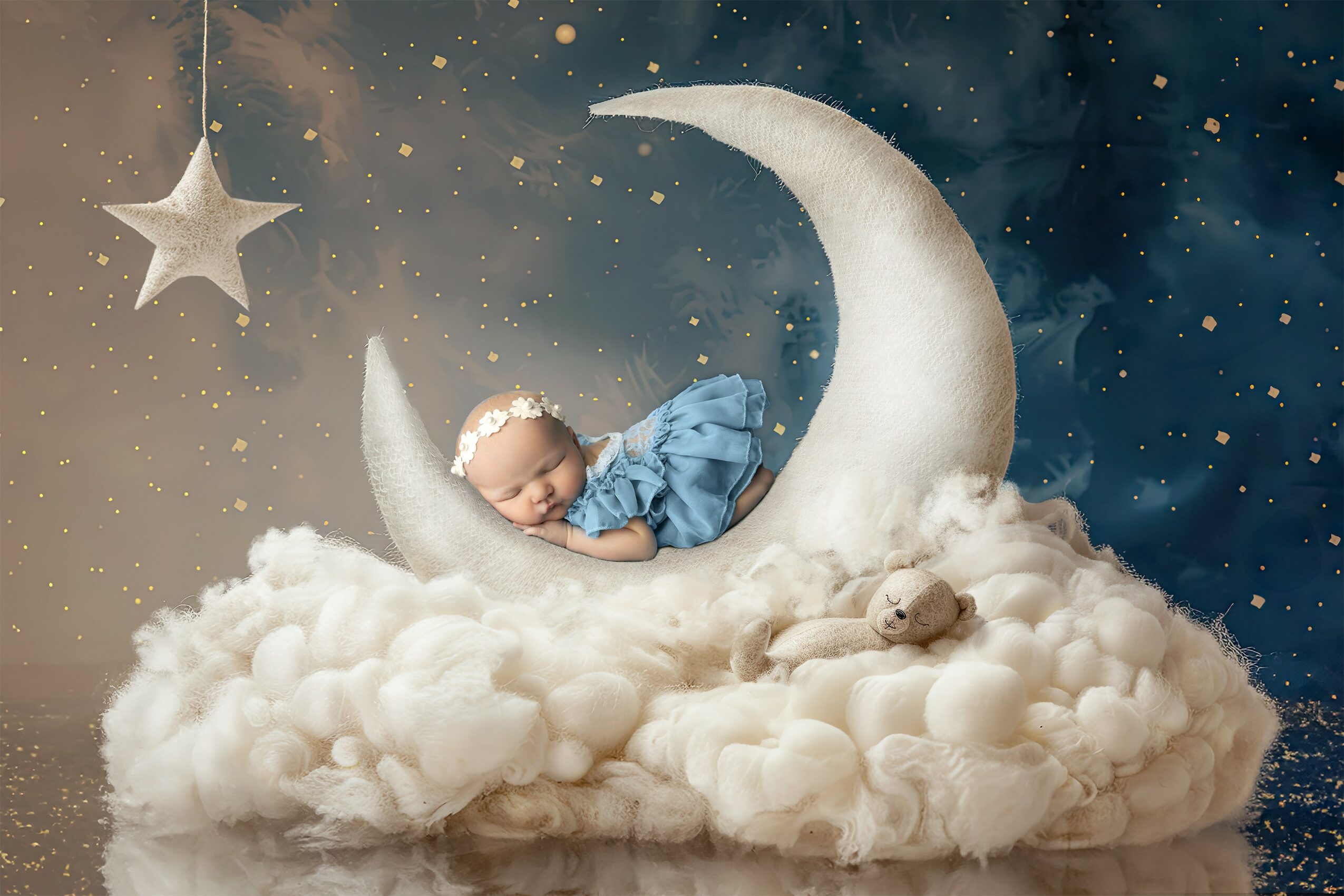Baby sleeping on a crescent moon with clouds, star hanging above, and a teddy bear nearby, in a dreamy night scene.