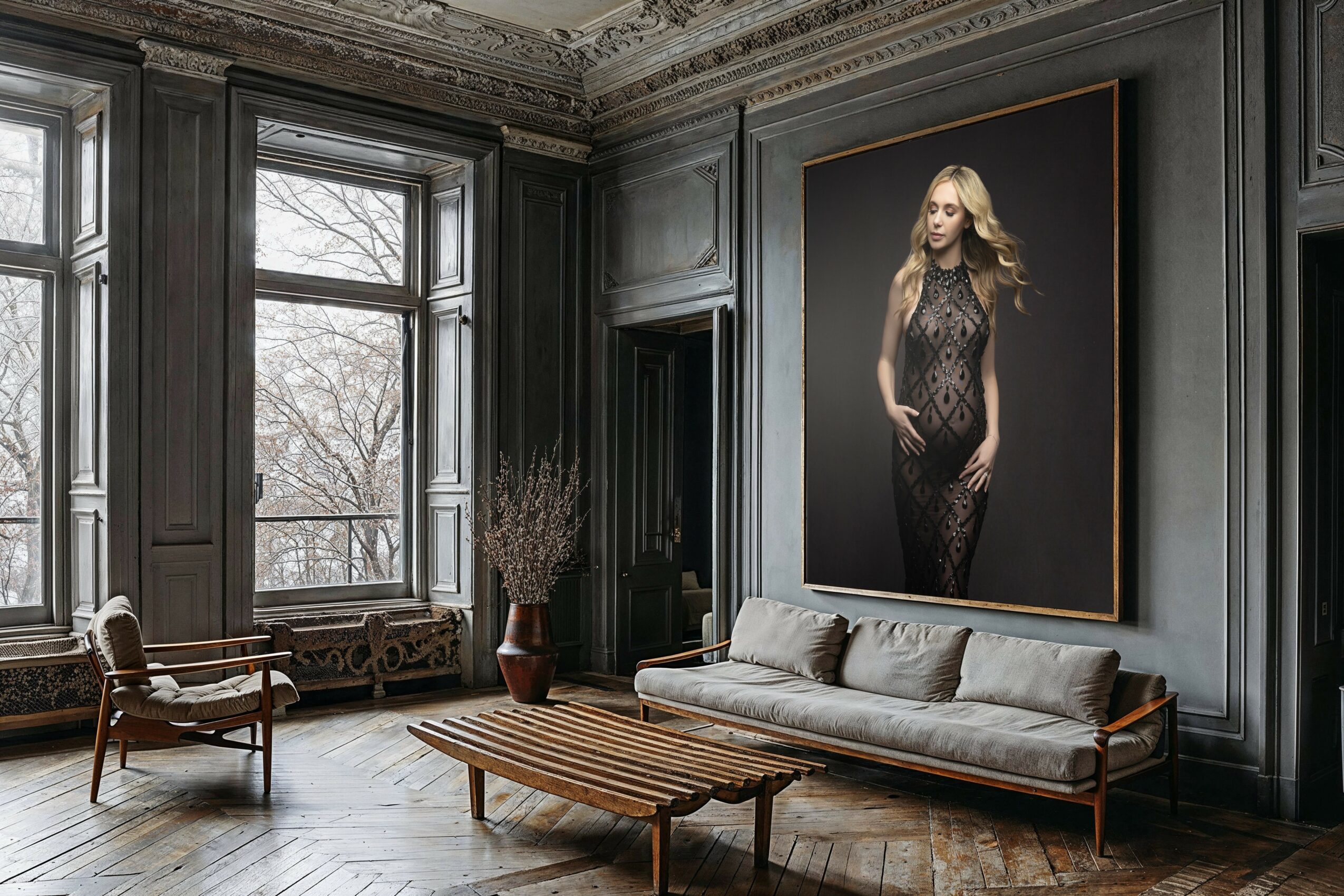 Elegant room with large windows, a sofa, a wooden coffee table, and a large portrait of a woman on the wall.