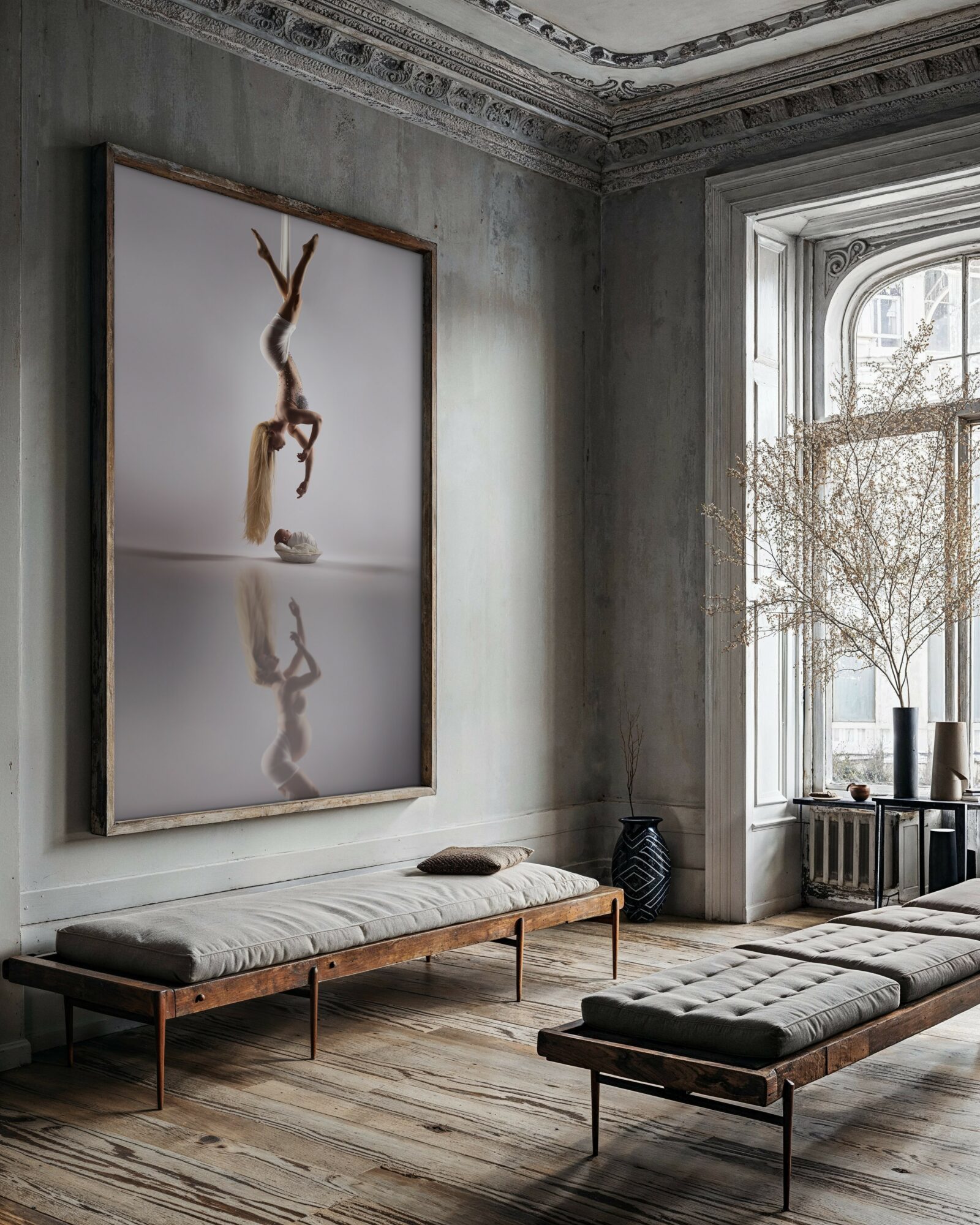 Interior room with large window, artwork of a tree branch, and seating with cushions, wooden floor, and decorative ceiling molding.