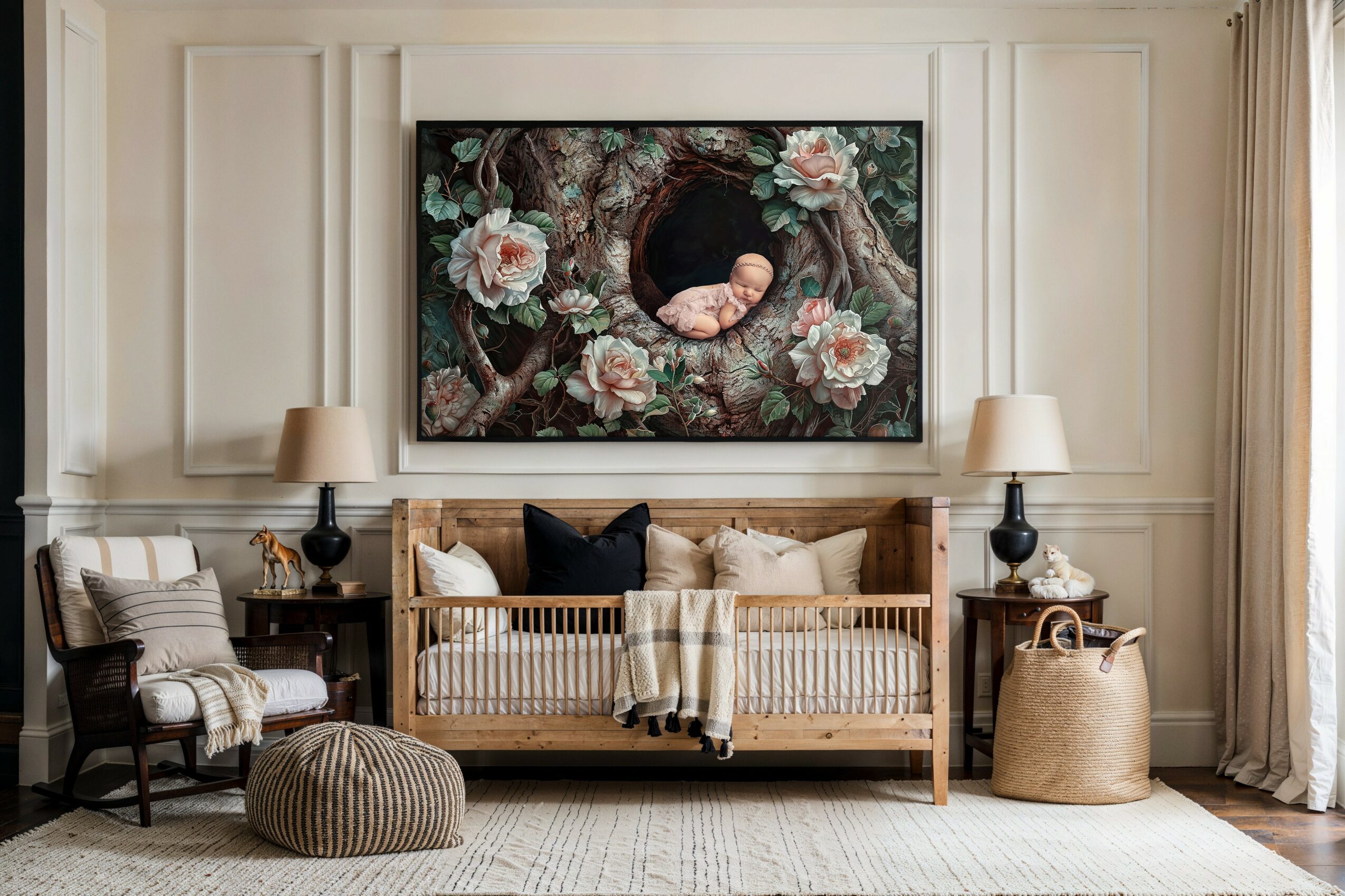 Living room with a wooden sofa, two side tables with lamps, a painting of flowers and a nest, and a pouf.