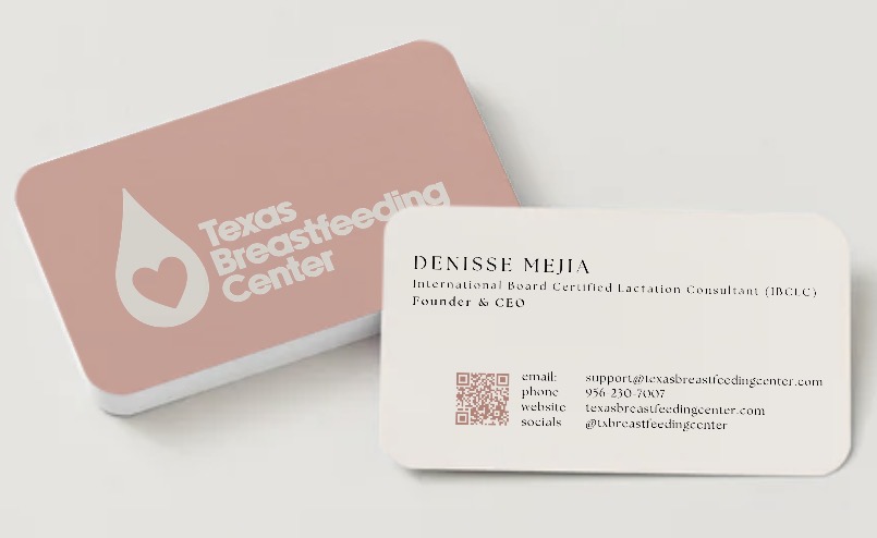 Business card for Texas Breastfeeding Center with logo, and another card with contact information for Denisse Mejia, founder and CEO.