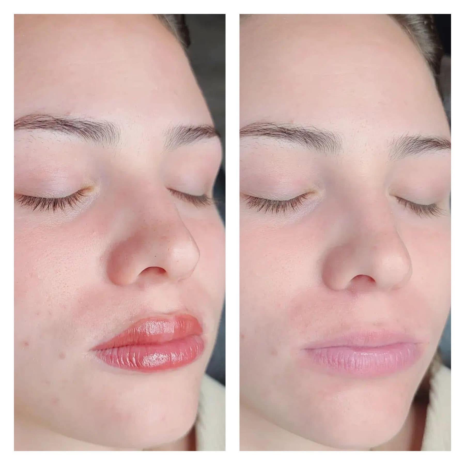 Side-by-side images of a woman with eyes closed, showing slight difference in lip color and skin tone, neutral expression.