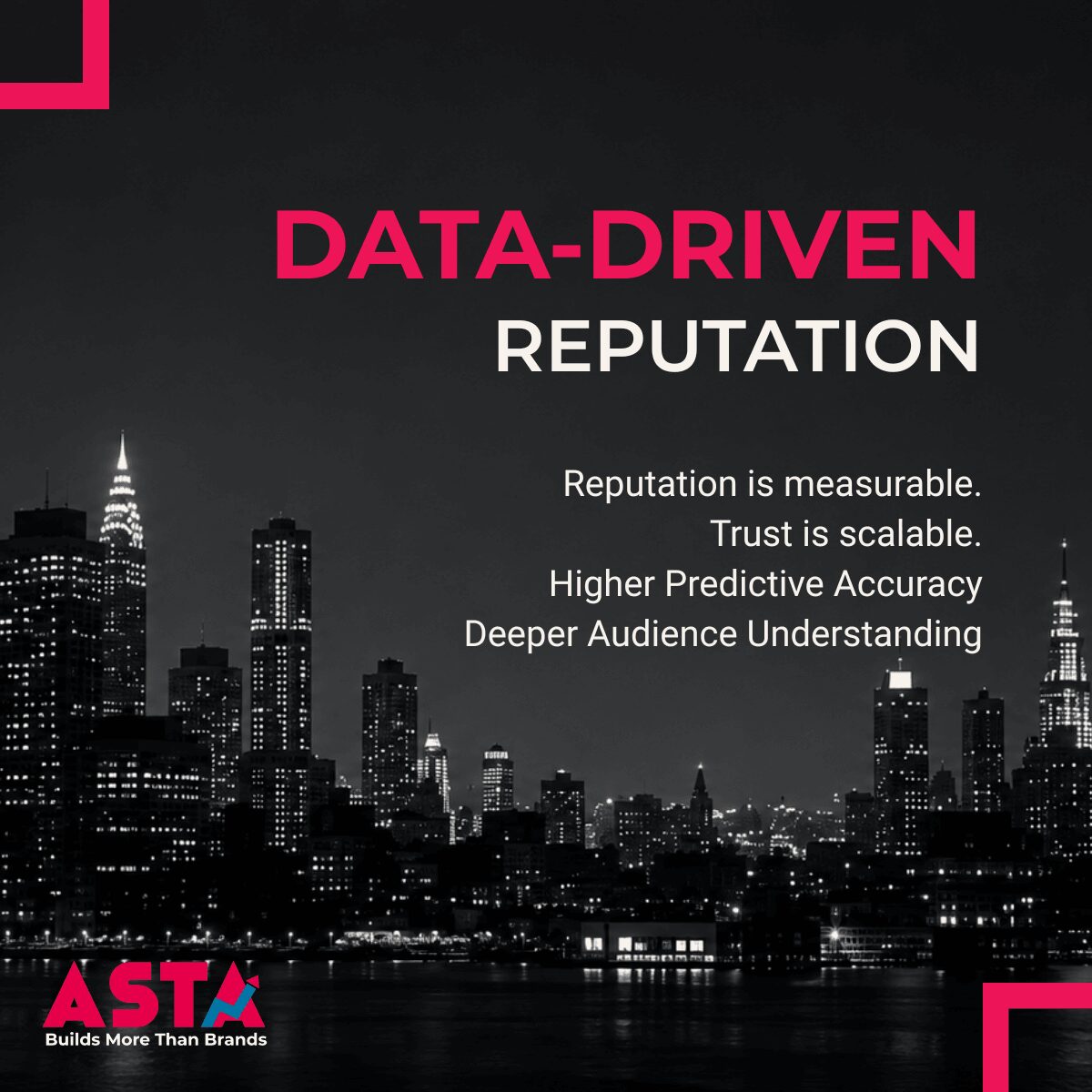 City skyline at night with text about data-driven reputation and trust, and the ASTA logo in the bottom left corner.