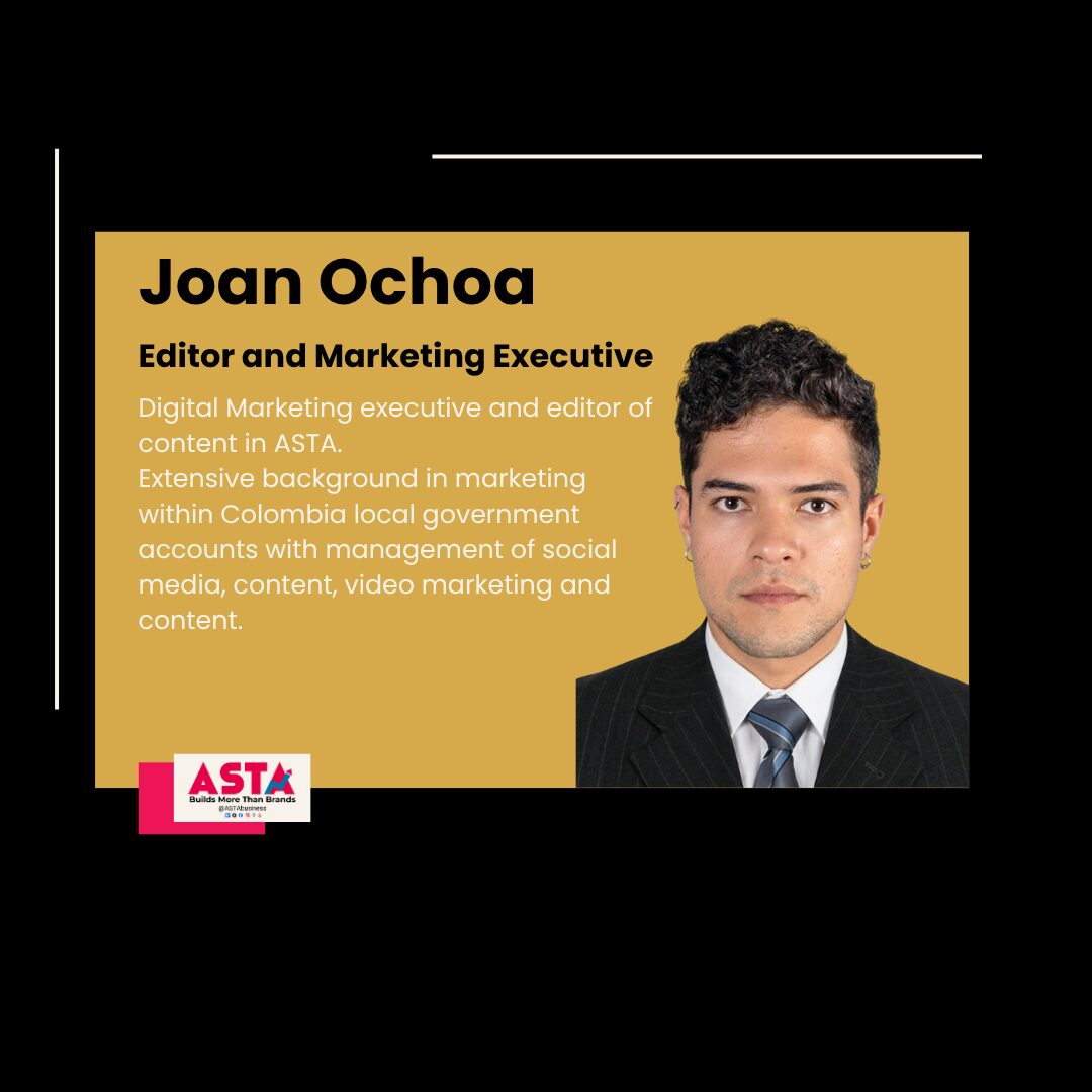 Business card featuring a photo of a man in a suit, with text about Joan Ochoa, marketing executive, on a yellow background.