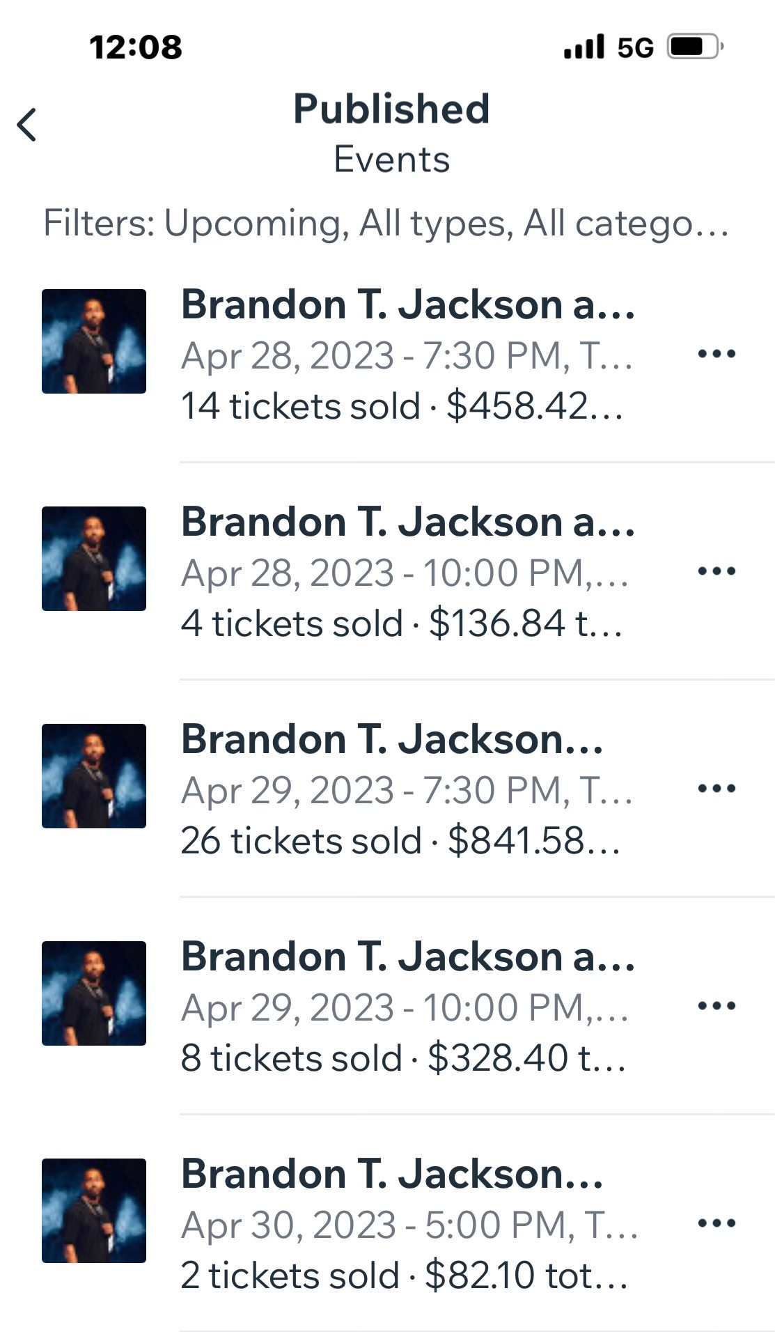 Screenshot of a mobile device displaying a list of upcoming events with ticket sales and prices.