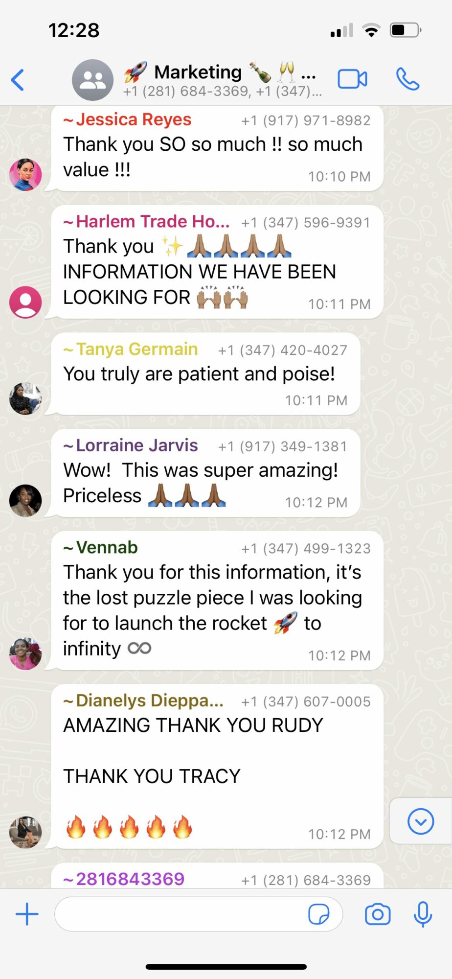 Screenshot of a messaging app with multiple messages thanking for information and praise, timestamps visible.