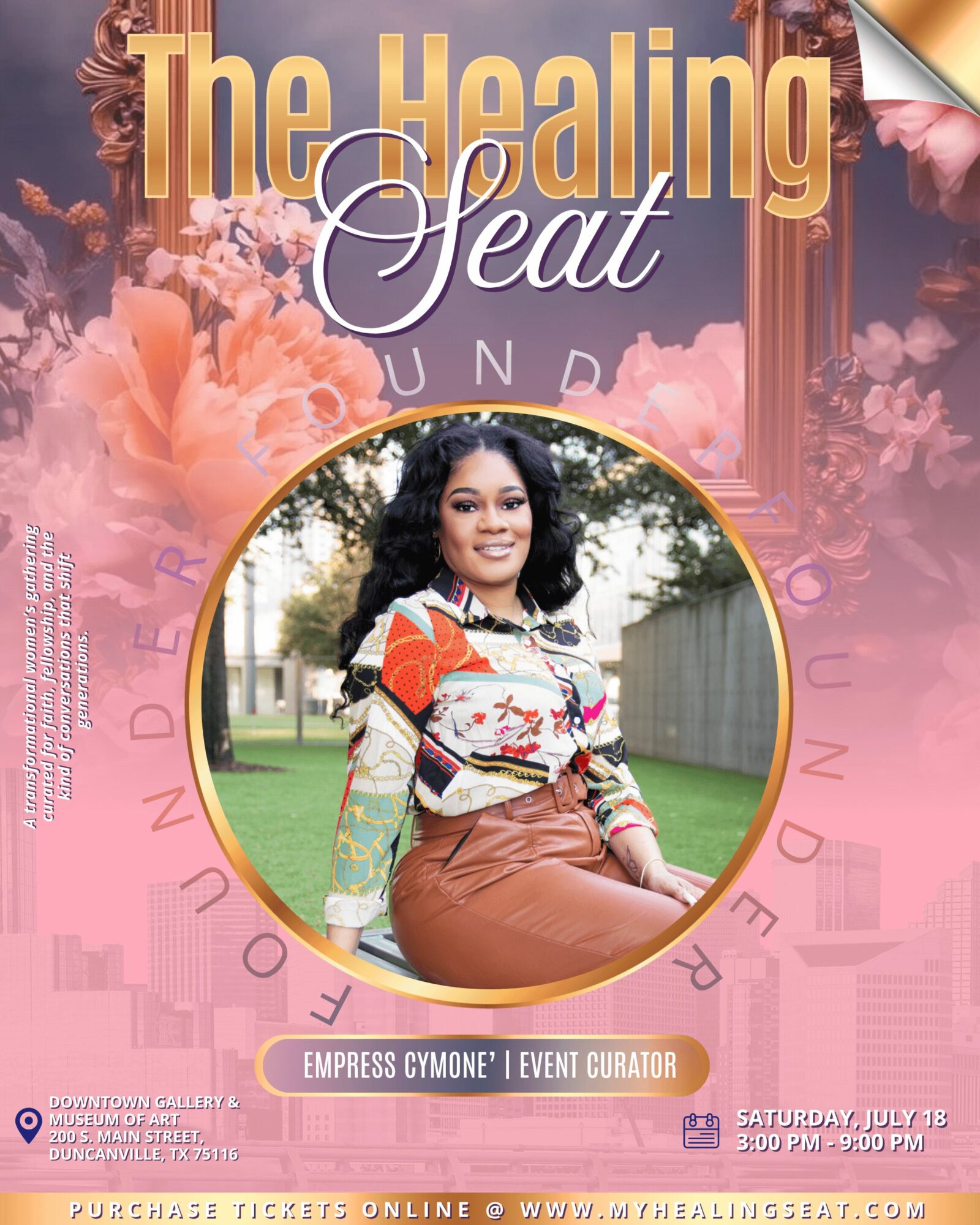 Book cover titled 'The Healing Seat' with a woman sitting outdoors, surrounded by pink and purple floral background.