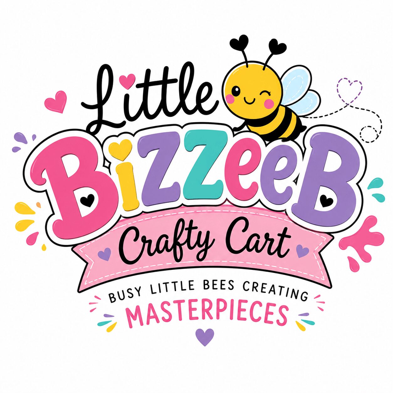 Cute bee with wings and antennae, colorful text, hearts, and decorative elements, promoting Little BizzEer Crafty Cart and masterpieces.