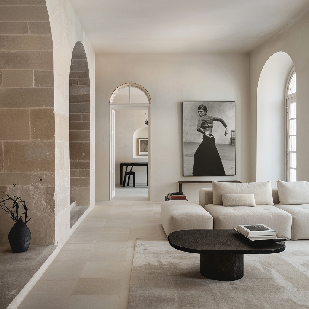 Living room with white walls, large window, white sofa, black coffee table, and artwork on the wall.