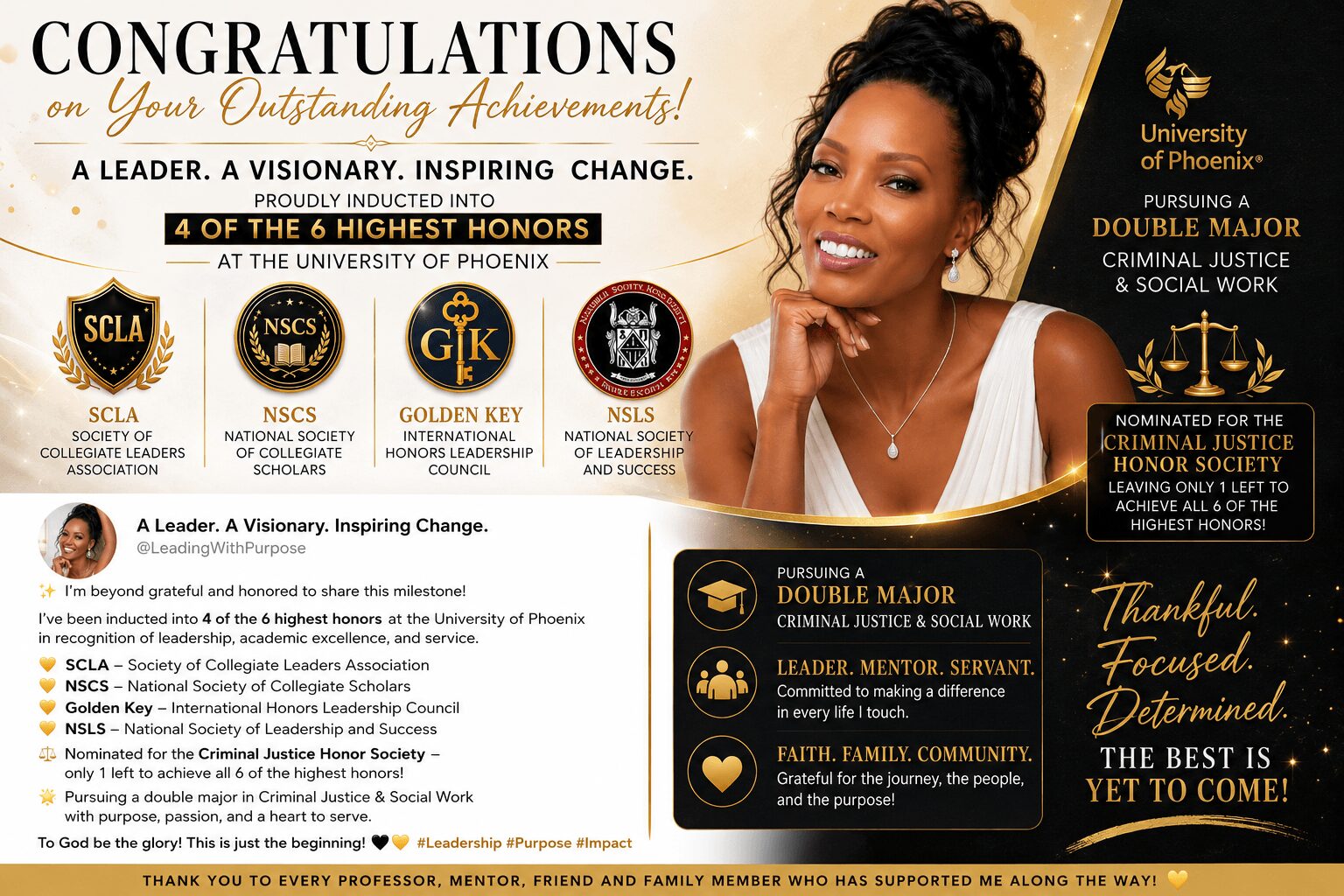 Woman smiling with dark hair, wearing a black dress, holding a diploma, celebrating graduation. Background features congratulatory text and university logos.