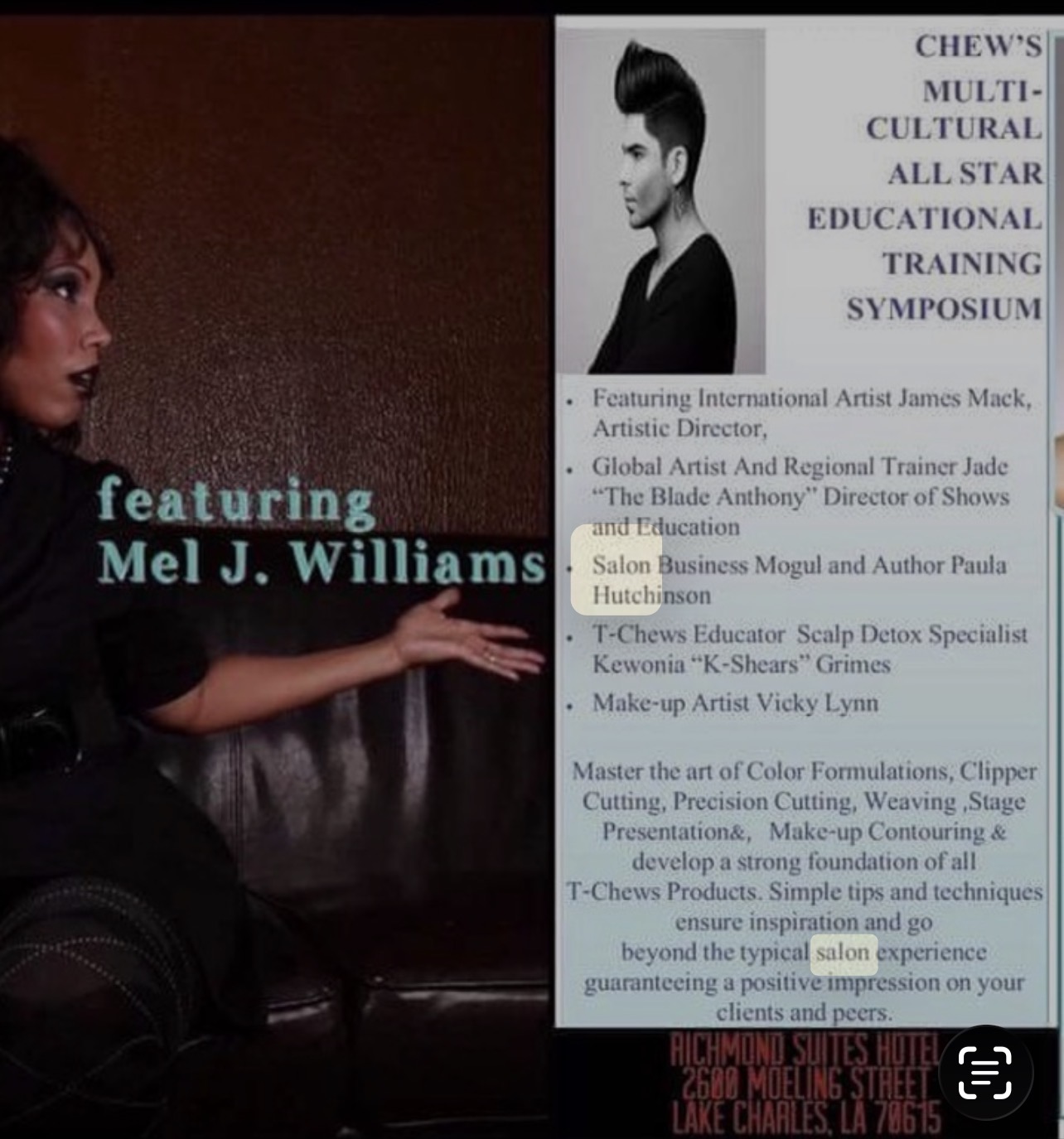 Woman with dark hair and makeup pointing at a poster with text about Mel J. Williams and other artists.