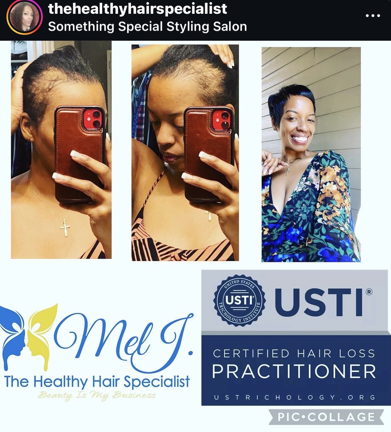 Three photos of a woman with short hair, smiling in the third, taking selfies in the first two, with logos and text below.