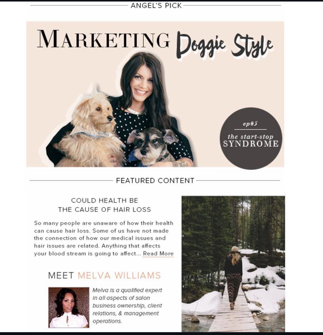 Woman with two dogs smiling, text about marketing and doggie style, feature on syndrome, and a person walking on a bridge.