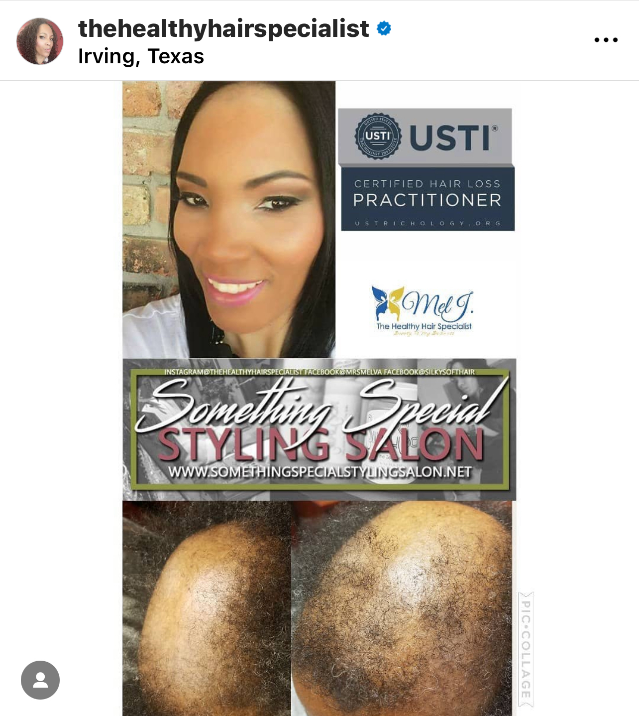 Close-up of a smiling woman with long dark hair, promotional signs for a styling salon and hair care certifications, and two hair images.