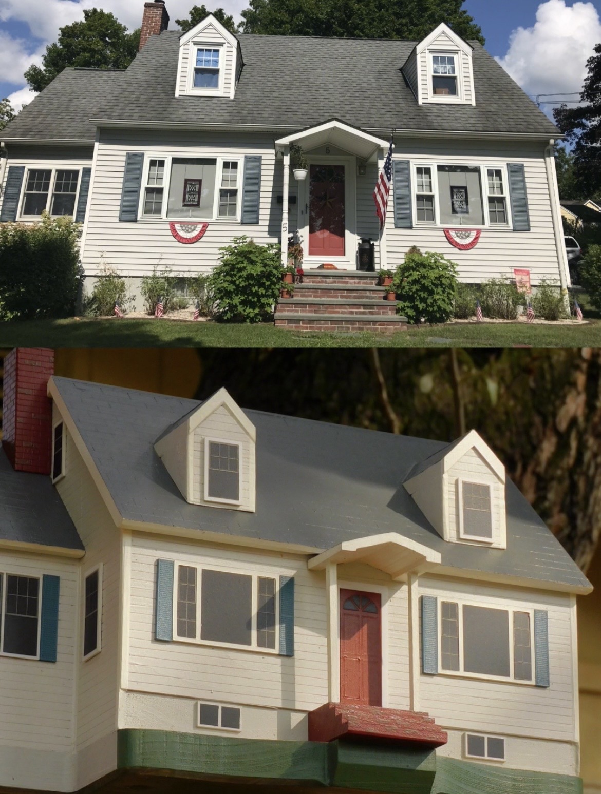 Two-story house with dormer windows, front porch, and American flags, surrounded by greenery and a lawn.