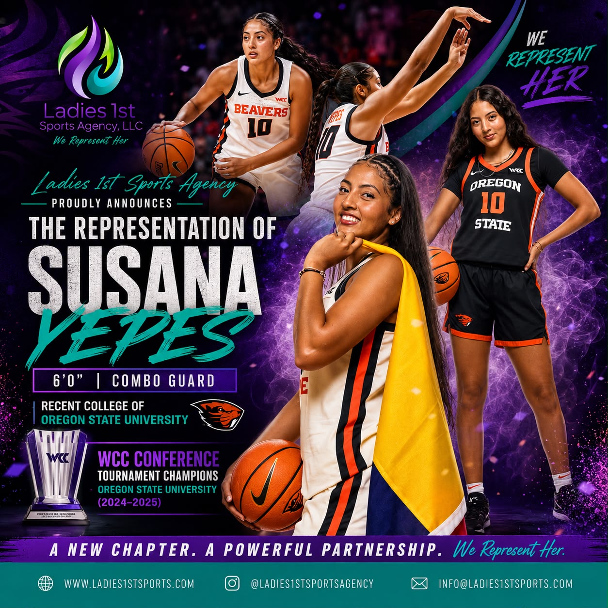 Three female basketball players, one smiling, holding a basketball, with text about Susana Yepes' representation and achievements.