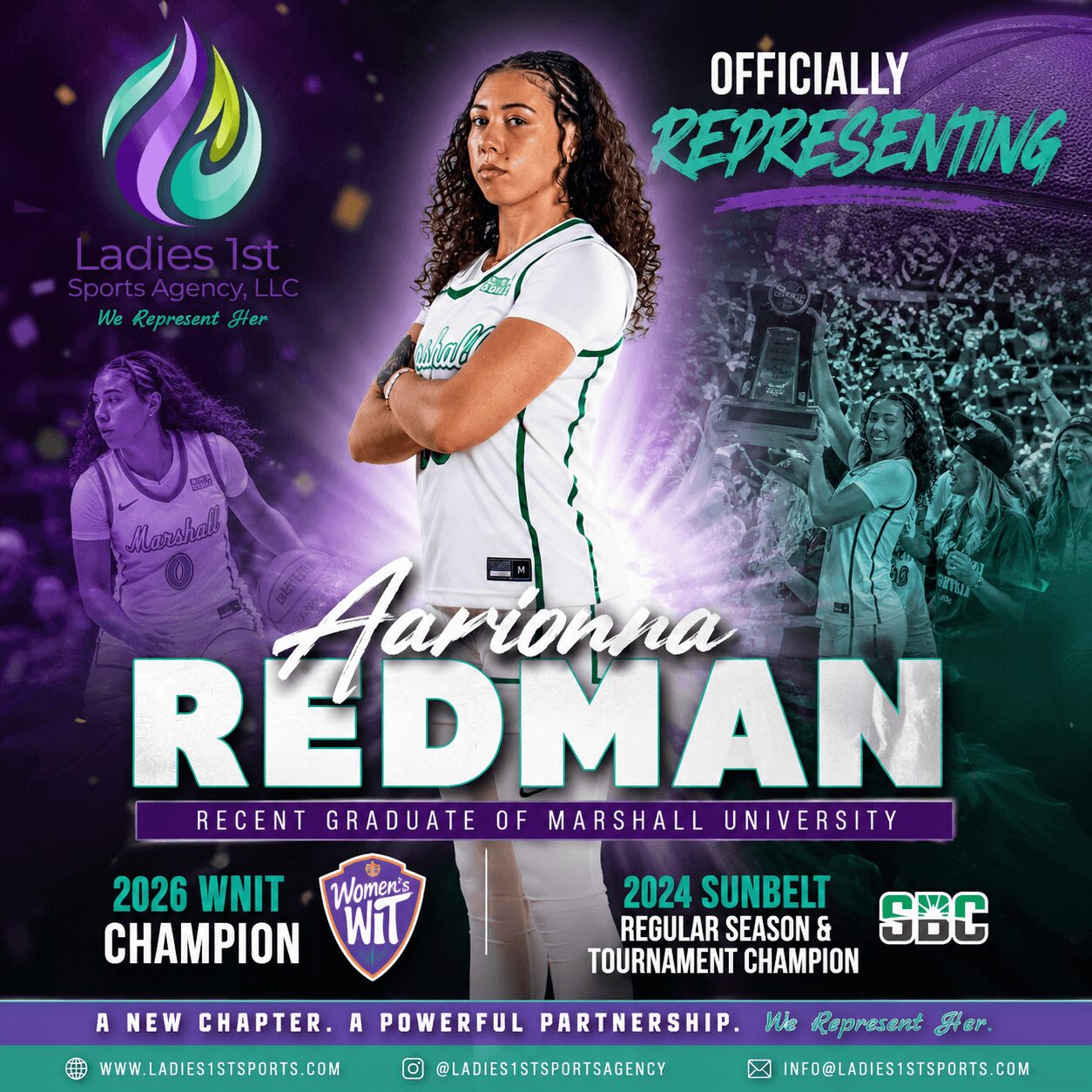 Young woman in sports uniform standing with arms crossed, sports arena background, event details, and logos displayed.