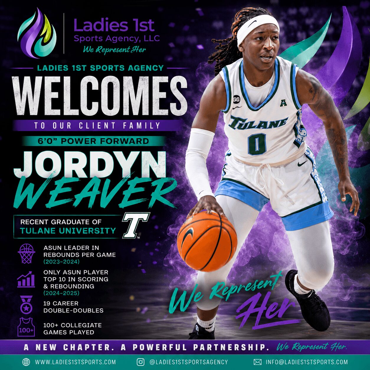 Female basketball player in uniform dribbling a ball, with text welcoming Jordyn Weaver, recent graduate, to the team, and agency details.