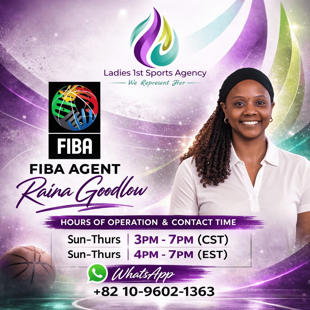 Woman smiling, promotional graphic for FIBA agent Raina Goodlow, contact info, and sports agency logo.