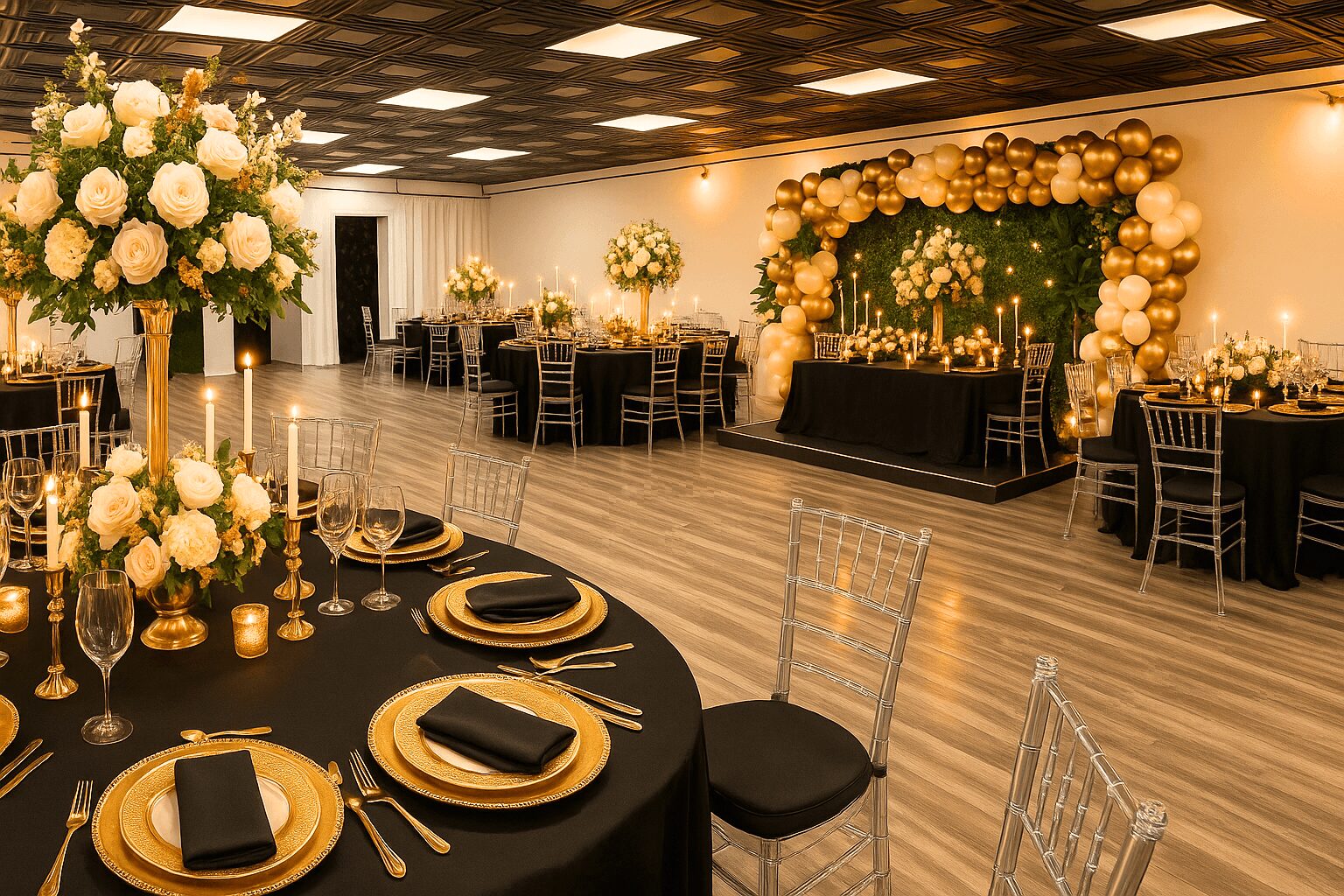 Elegant event space with decorated tables, floral arrangements, and balloon arch, featuring a stage with candles and greenery.