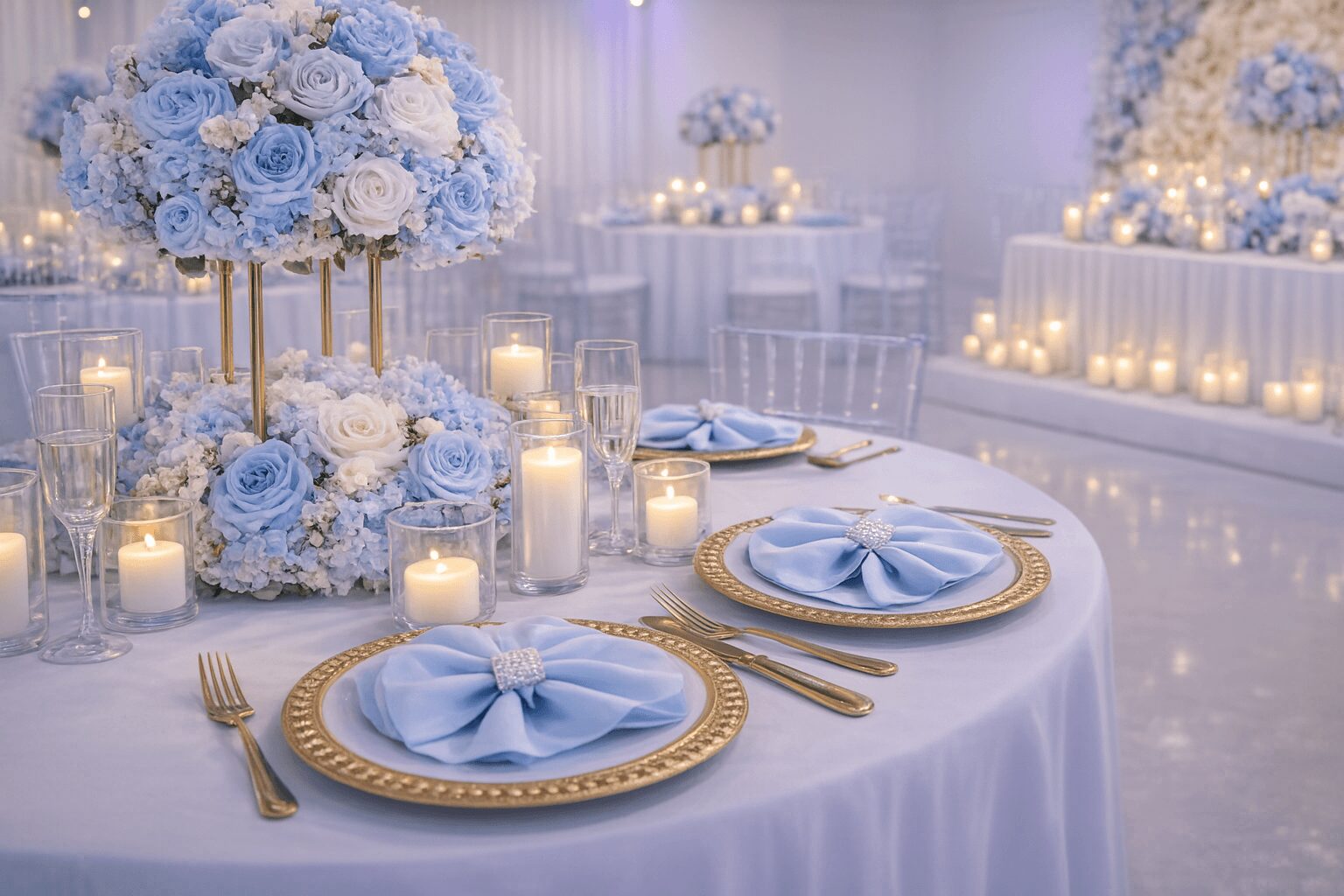 Elegant table setting with blue and white floral centerpiece, candles, and neatly folded napkins on a white tablecloth.