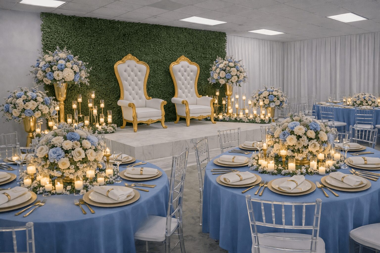 Elegant event space with two ornate chairs on a stage, floral arrangements, candles, and round tables with blue tablecloths and place settings.