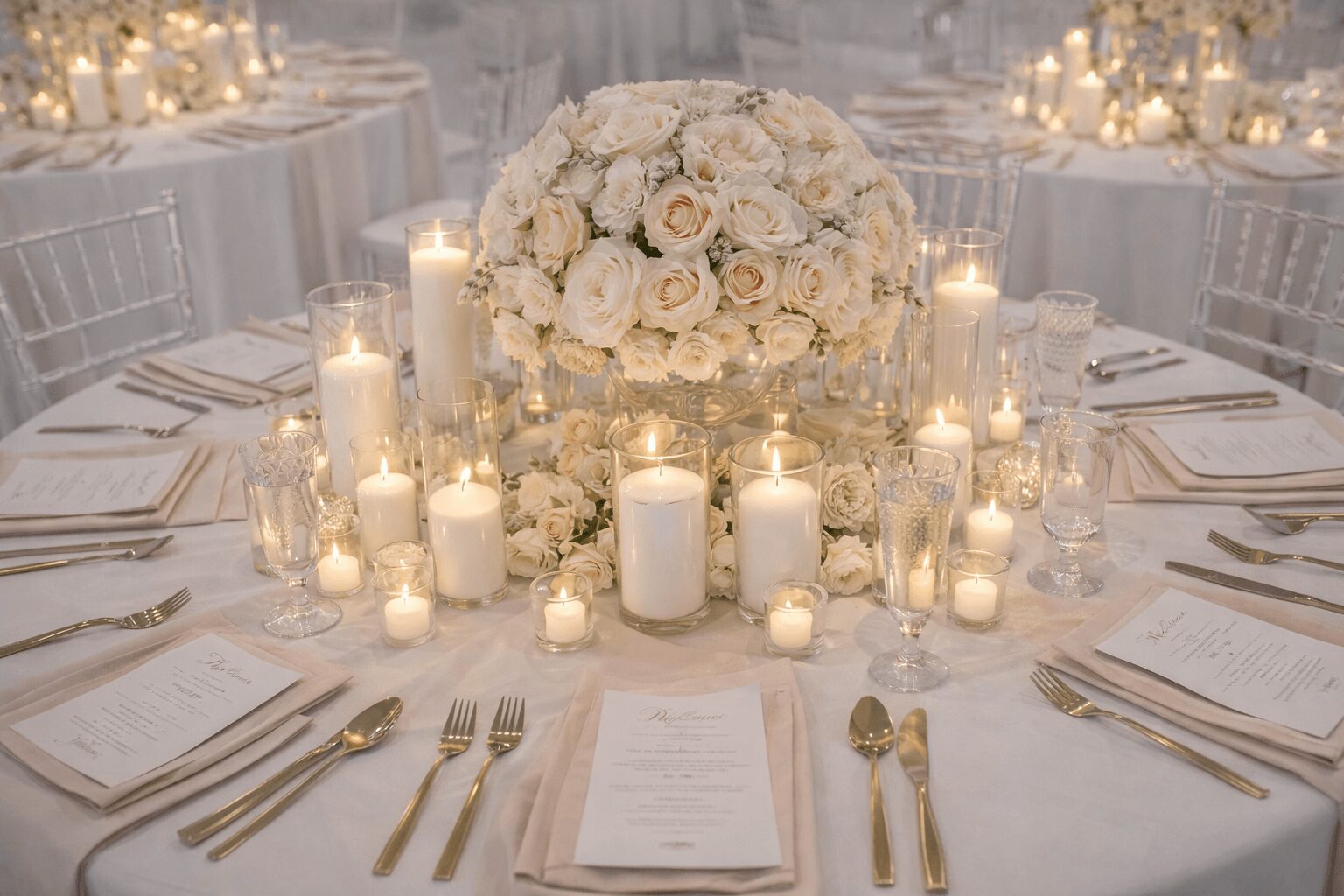 Round table with floral centerpiece and numerous candles, set for a formal event, with place settings and menus visible.