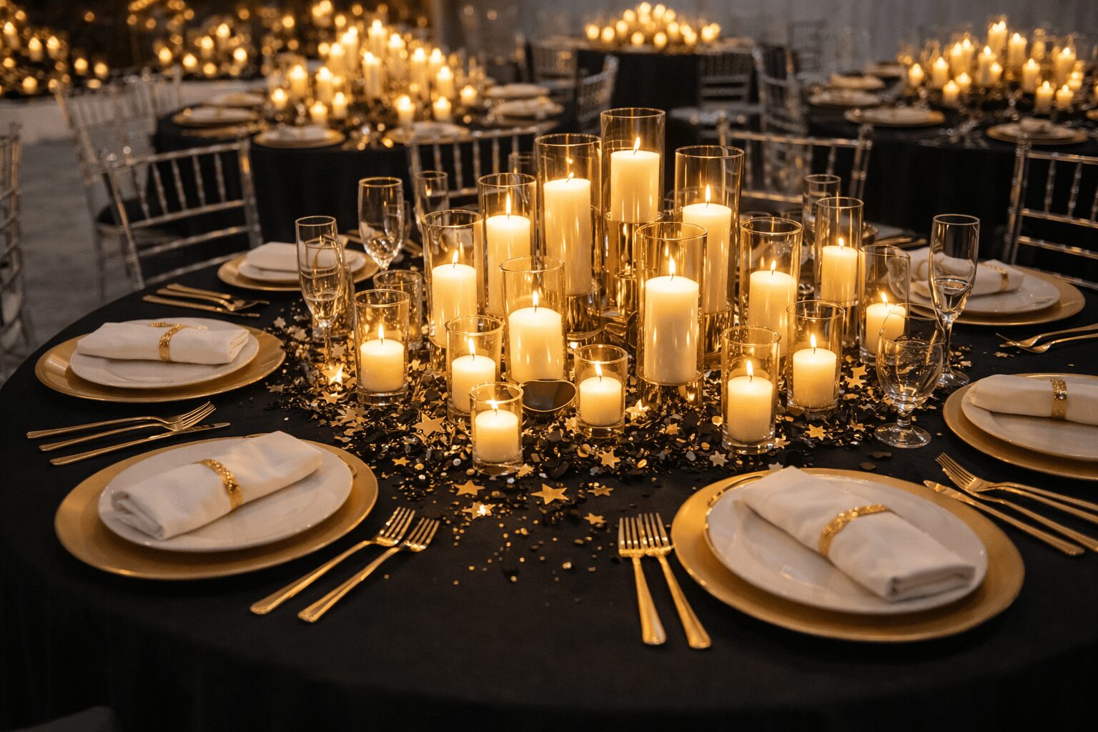 Round table with black tablecloth, gold cutlery, white napkins, and a centerpiece of candles and flowers, set for a formal event.