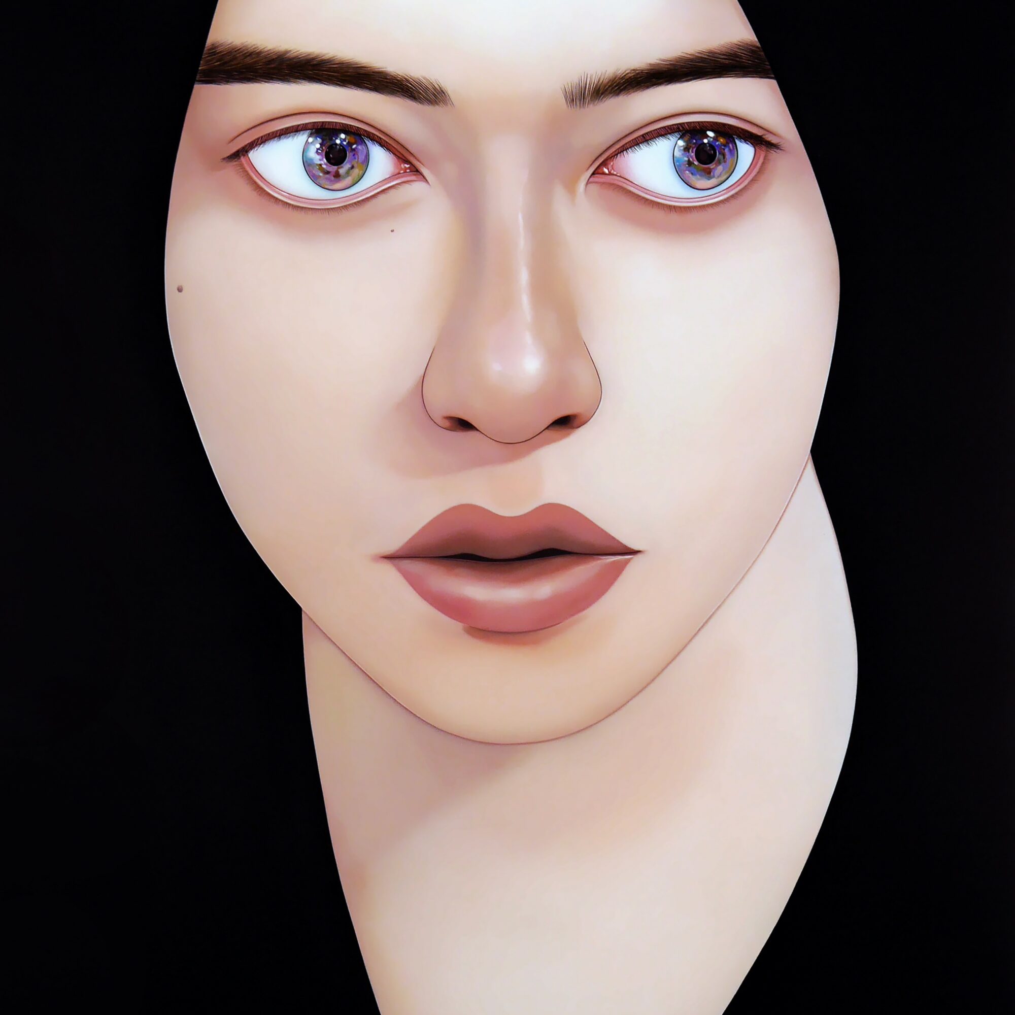 Close-up of a woman's face with blue eyes, dark eyebrows, and full lips, against a black background.