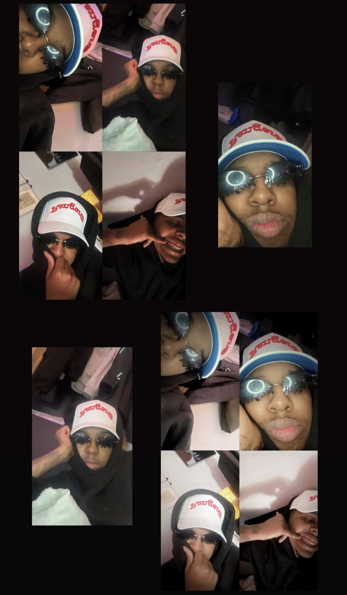 Collage of a person wearing sunglasses and a cap, in various poses inside a vehicle, with a black background.
