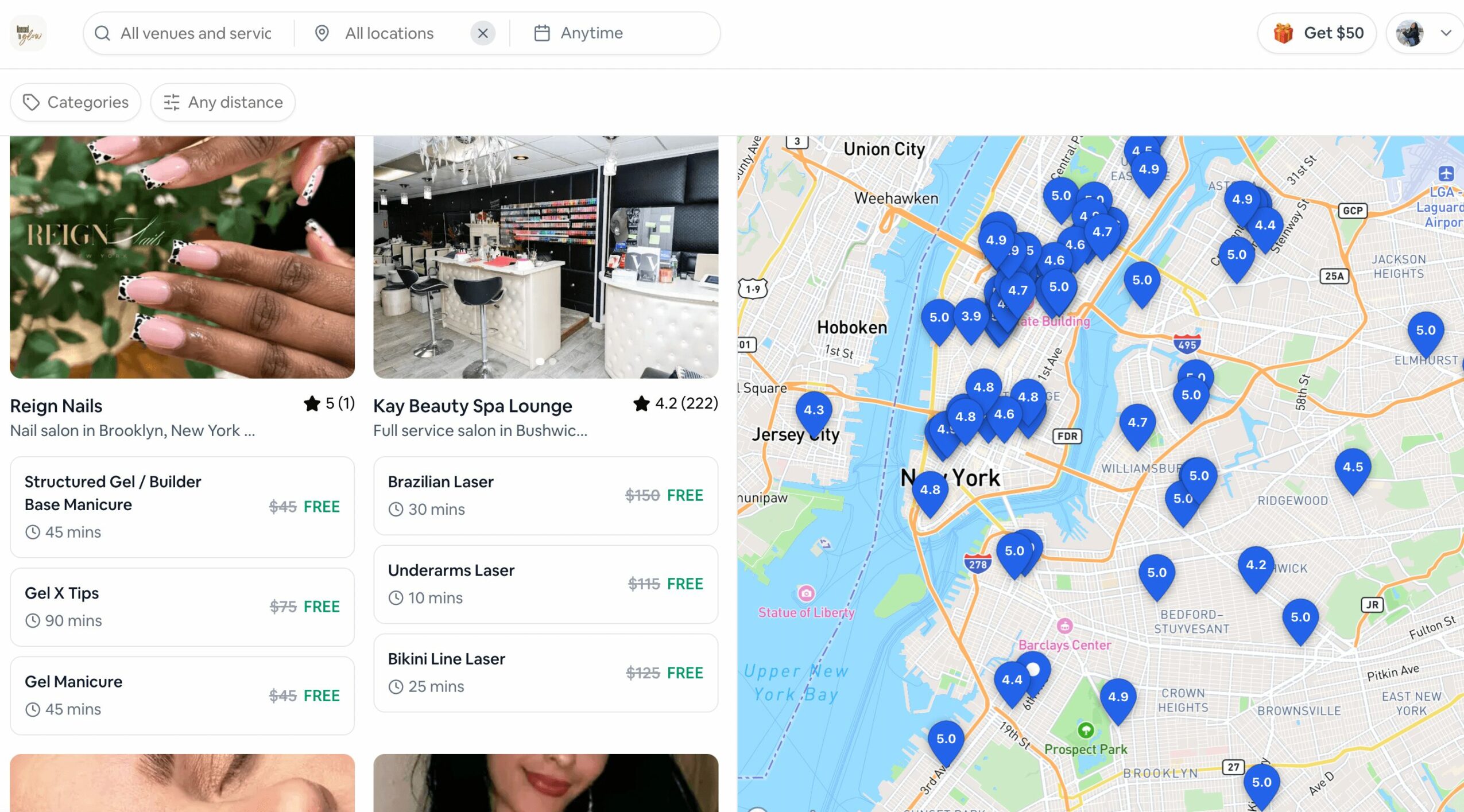 Screenshot showing a map of New York City with numerous blue location markers and a list of beauty salons.