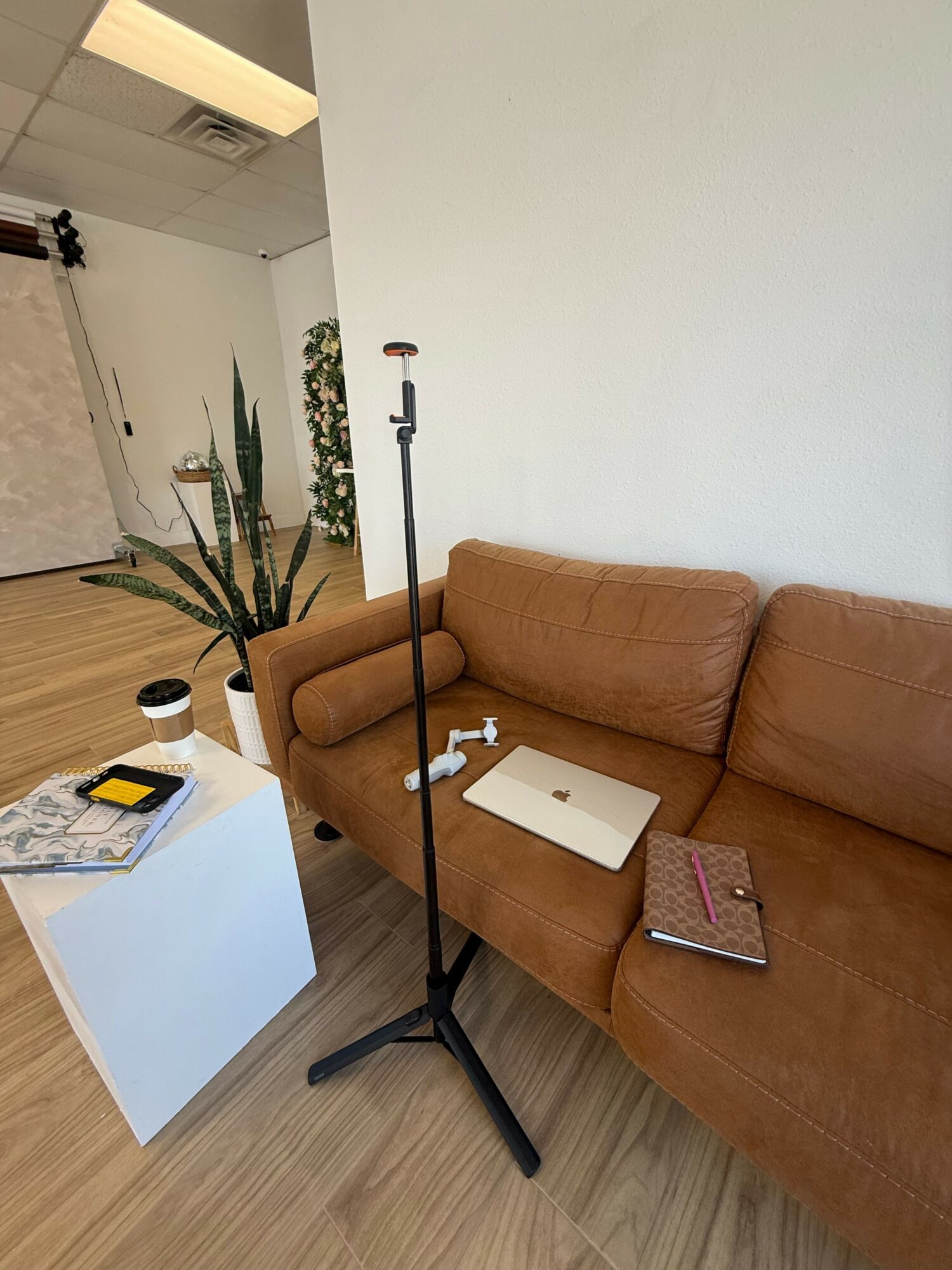 Brown sofa with a notebook and a small white object on it, a tall plant, and a black tripod stand in a room with wooden flooring.