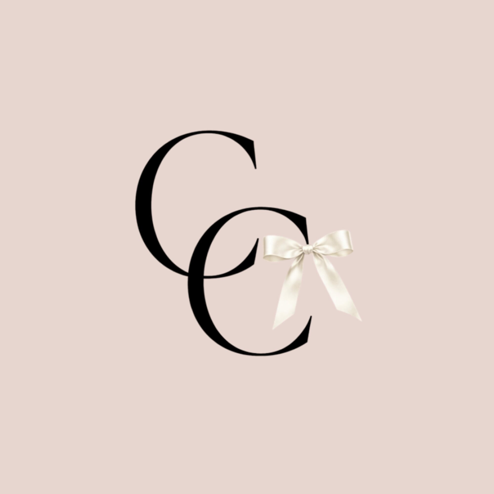 Stylized black letters 'C' and 'E' with a white ribbon bow on a light pink background.