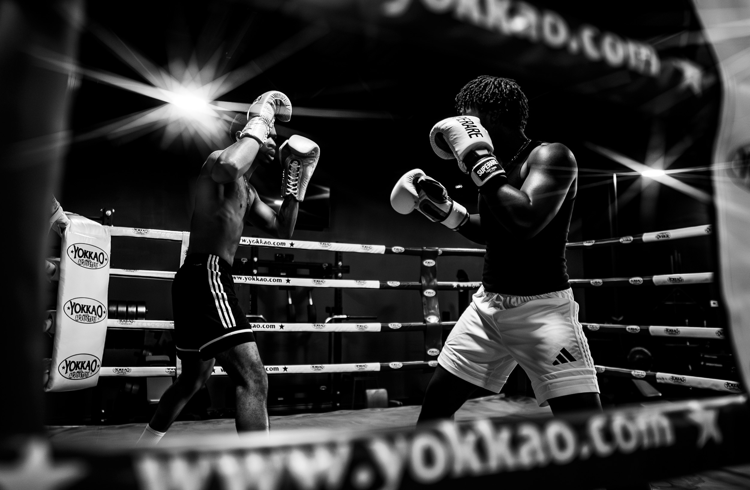 Two boxers sparring in a boxing ring with bright lights overhead, black and white image, ropes visible, website banner at top